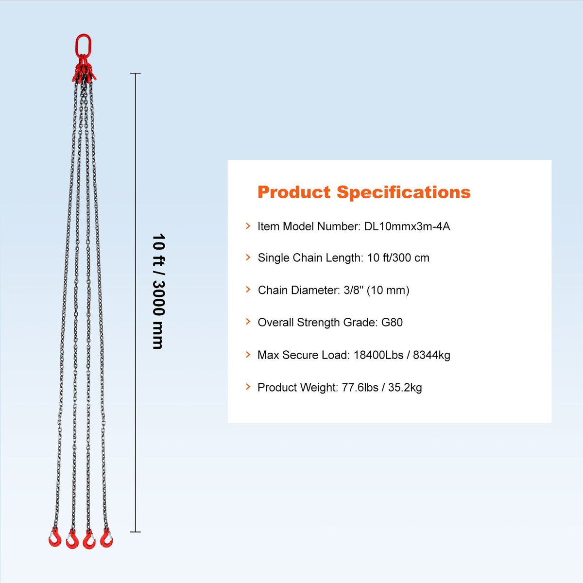 Chain Sling, 10 mm x 300 cm Lifting Chains with Hooks, G80 Engine Chain Hoist Lifts, 8 Ton/8344 kg Lifting Sling Chains for Engine Hoist, Engine Lift Chain with 4 Leg Grab Hooks & Adjusters