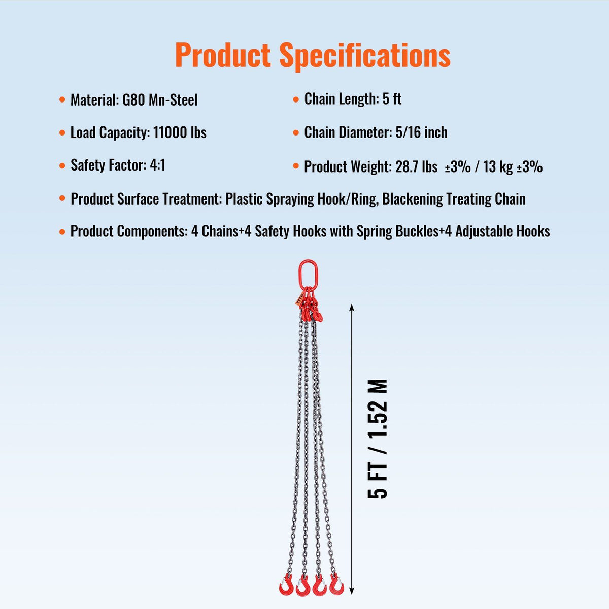 Chain Sling, 8 mm x 150 cm Lifting Chains with Hooks, G80 Engine Chain Hoist Lifts, 5 Ton Lifting Sling Chains for Engine Hoist, Engine Lift Chain with 4 Leg Grab Hooks & Adjusters Heavy Duty