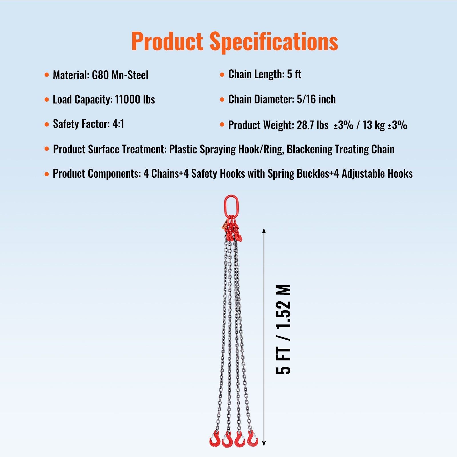 Chain Sling, 8 mm x 150 cm Lifting Chains with Hooks, G80 Engine Chain Hoist Lifts, 5 Ton Lifting Sling Chains for Engine Hoist, Engine Lift Chain with 4 Leg Grab Hooks & Adjusters Heavy Duty