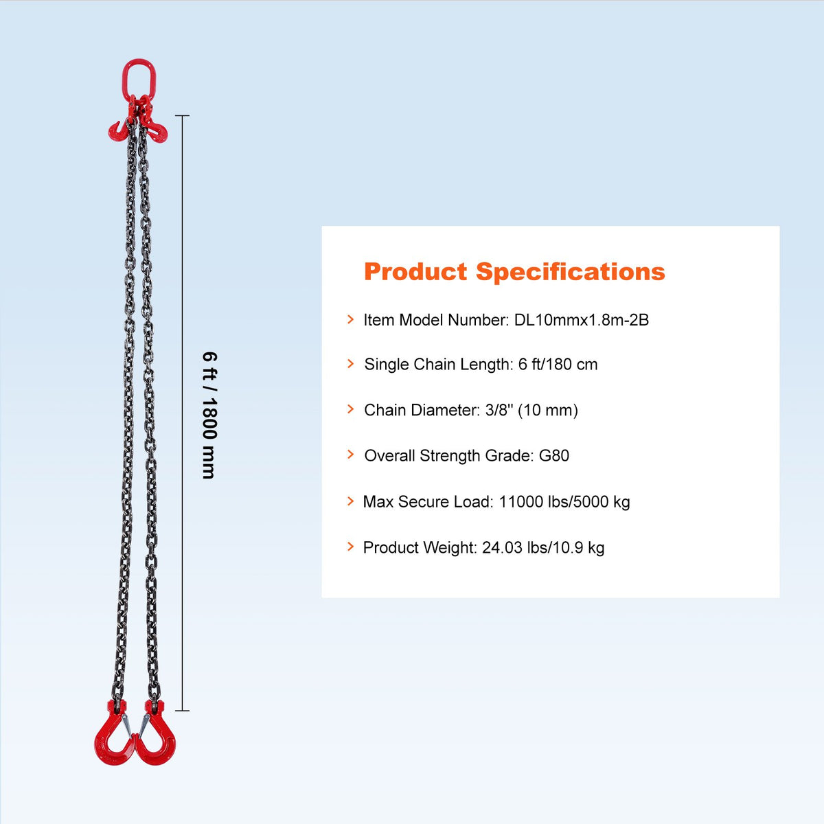 VEVOR Chain Sling, 10 mm x 180 cm Lifting Chains with Hooks, G80 Engine Chain Hoist Lifts, 5 Ton Lifting Sling Chains for Engine Hoist, Engine Lift Chain with 2 Leg Grab Hooks and Adjusters Heavy Duty