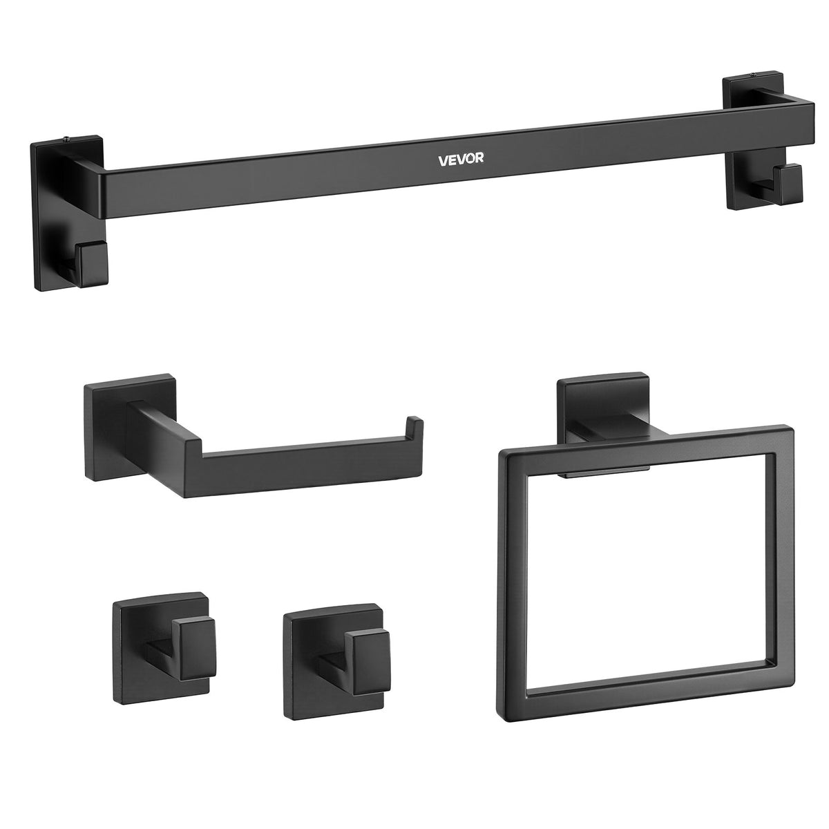 VEVOR Matte Black Bathroom Hardware Set, 5 Pieces Stainless Steel Bathroom Accessories Set, 24-inch Towel Bar, Towel Rack, 2 Robe Towel Hooks, Toilet Paper Holder, for Bath Room, Wall Mounted