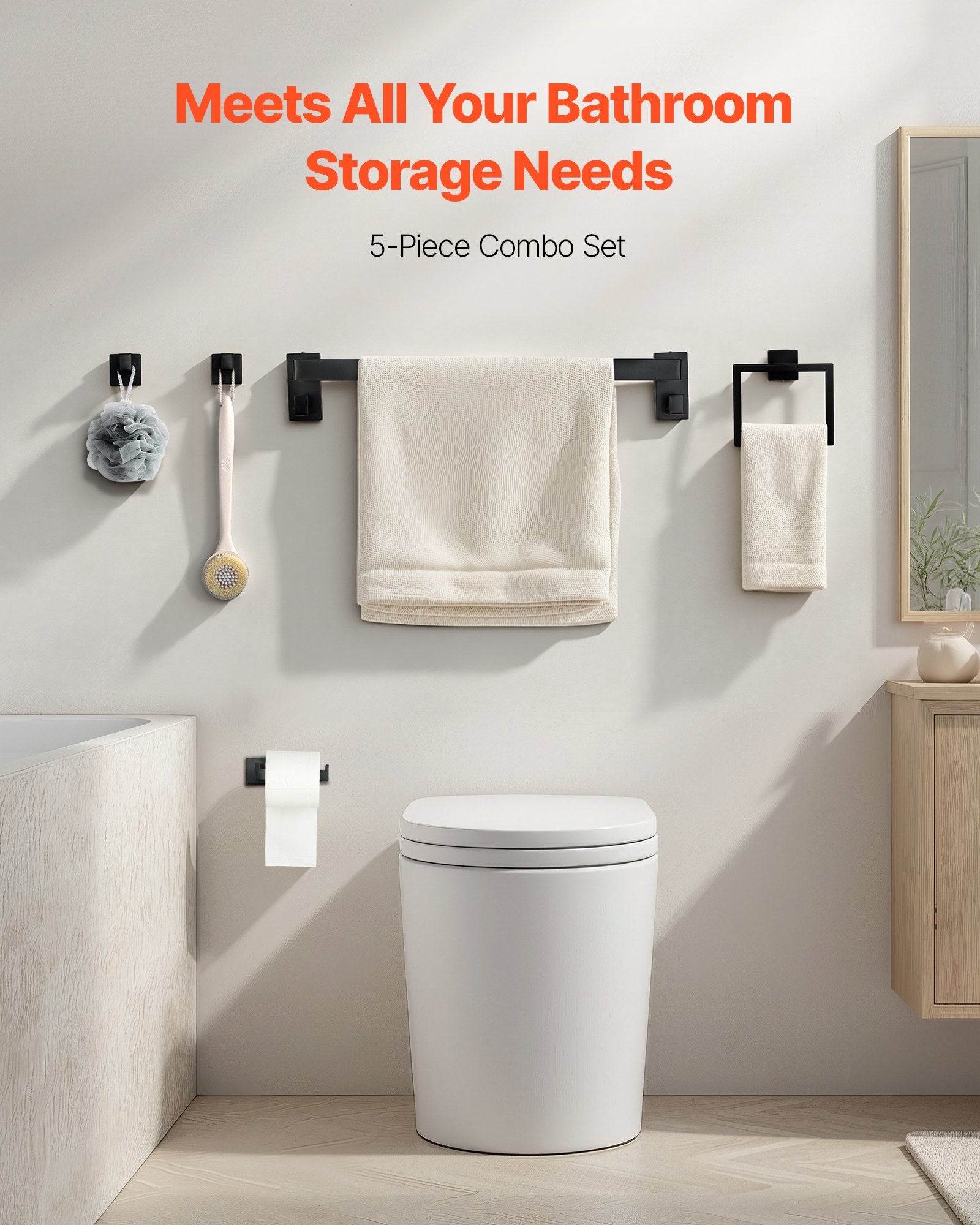 VEVOR Matte Black Bathroom Hardware Set, 5 Pieces Stainless Steel Bathroom Accessories Set, 24-inch Towel Bar, Towel Rack, 2 Robe Towel Hooks, Toilet Paper Holder, for Bath Room, Wall Mounted