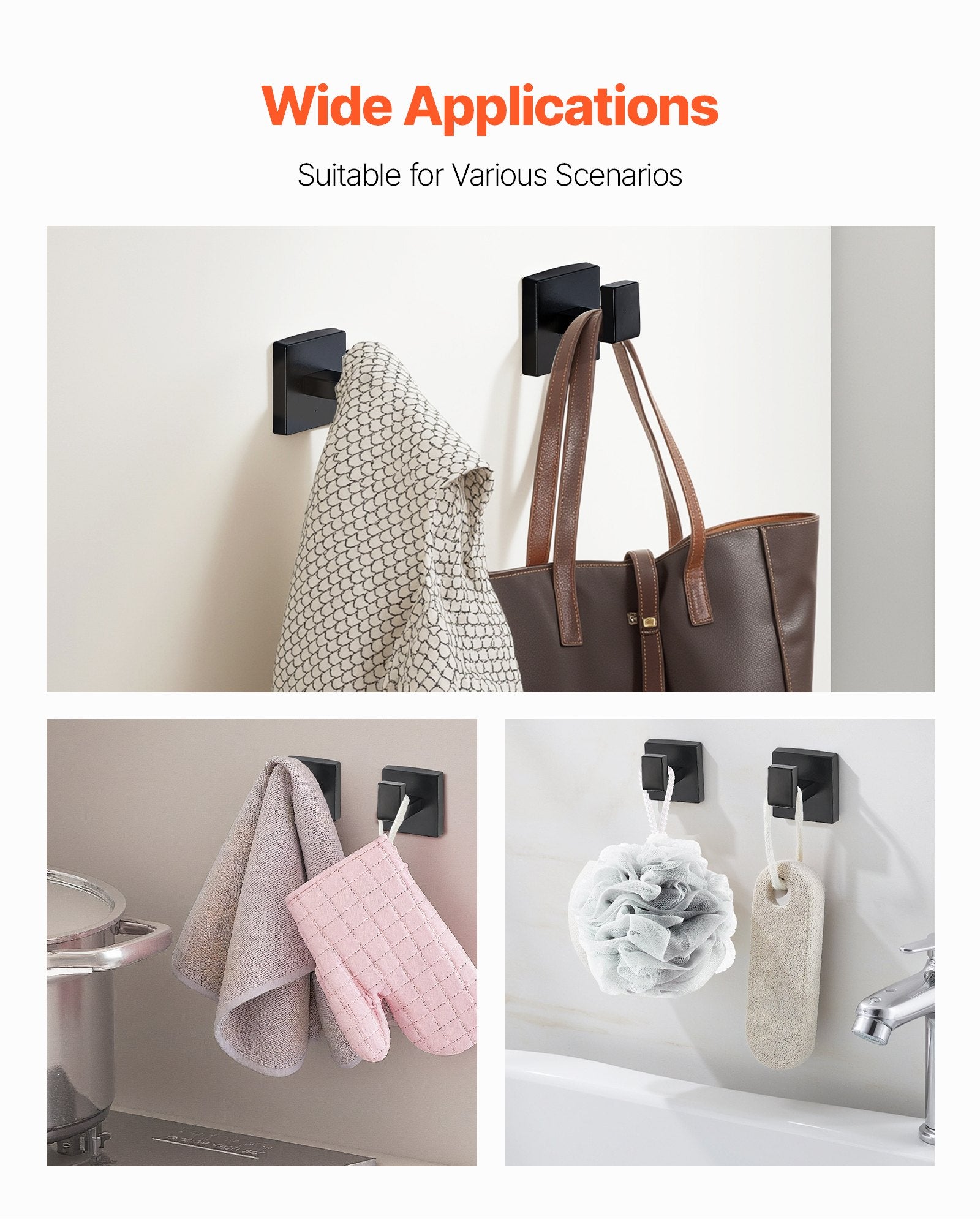 VEVOR Matte Black Bathroom Hardware Set, 5 Pieces Stainless Steel Bathroom Accessories Set, 24-inch Towel Bar, Towel Rack, 2 Robe Towel Hooks, Toilet Paper Holder, for Bath Room, Wall Mounted