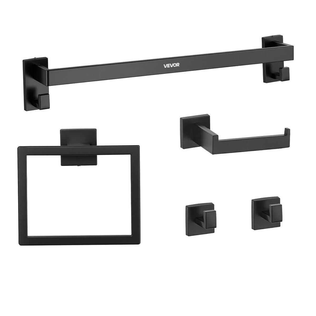 VEVOR Matte Black Bathroom Hardware Set, 5 Pieces Stainless Steel Bathroom Accessories Set, 24-inch Towel Bar, Towel Rack, 2 Robe Towel Hooks, Toilet Paper Holder, for Bath Room, Wall Mounted