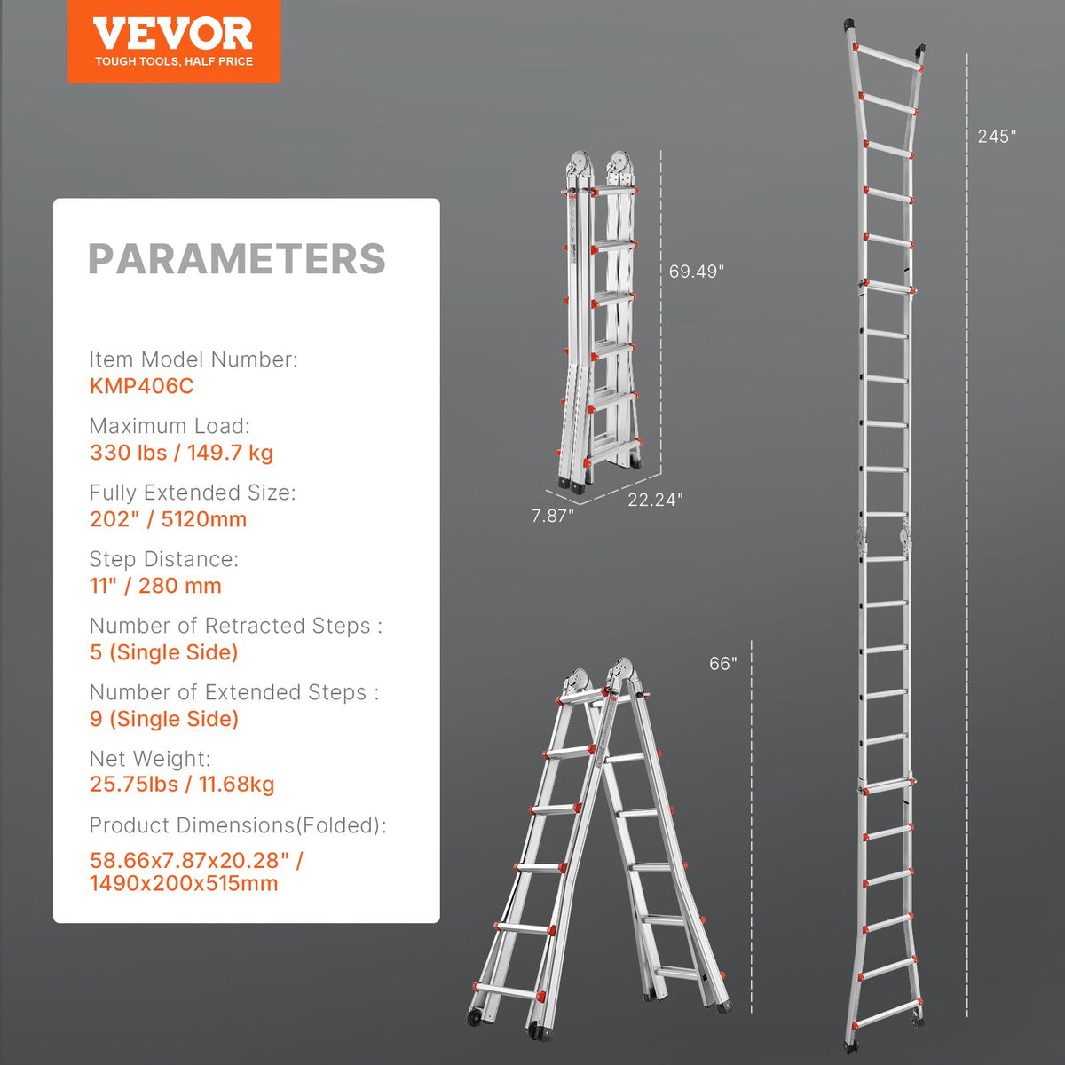 VEVOR Telescoping Ladder A Frame 20 FT Extension Multi-Function for Homework