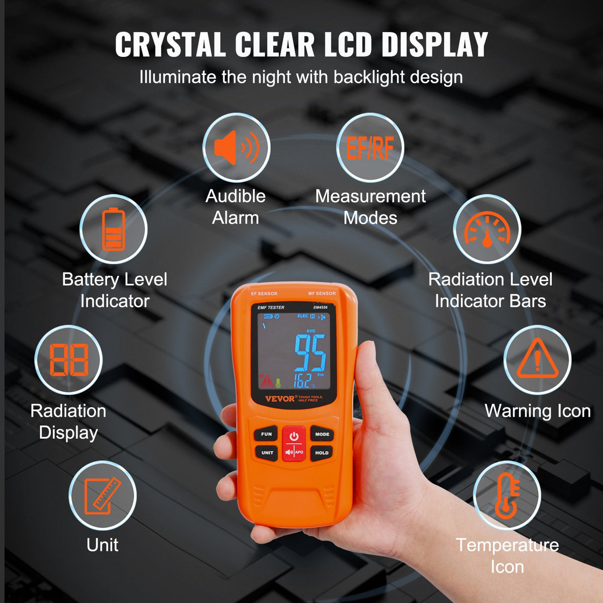 VEVOR 3-in-1 EMF Meter, 5Hz-6GHz, Handheld Rechargeable Electromagnetic Field Radiation Detector, Digital LCD EMF Tester for EF MF RF Home Inspections Outdoor Ghost Hunting 5G Cell Tower Temperature