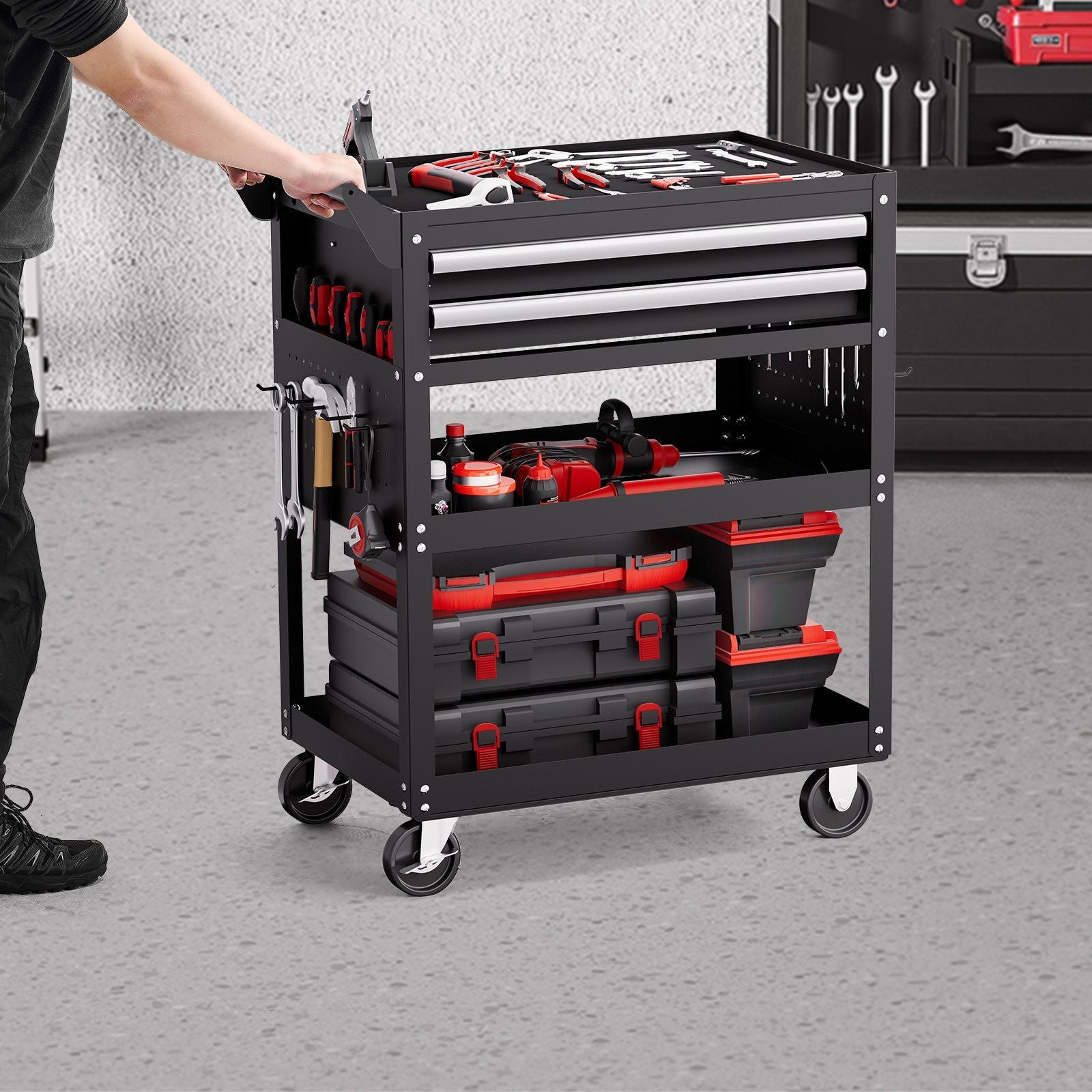 5-Tier Tool Cart with Wheels, 400 lbs Load Capacity, Rolling Work Cart with 2 Drawers & Pegboard, Mechanic Tool Storage Organizer with Locking System for Garage, Warehouse and Repair Shop, Black