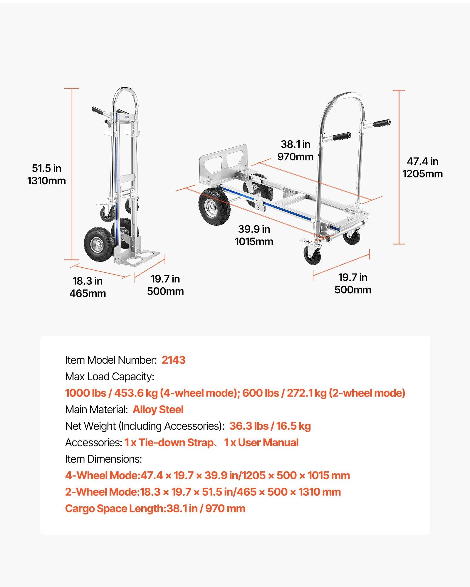 2 in 1 Hand Truck, 453.6 kg Load Capacity for 4-Wheel Mode, Convertible Hand Truck Dolly with Non-Slip Handle & Wheels, Portable Trolley Dolly for Moving Home, Office, Warehouse, Supermarket