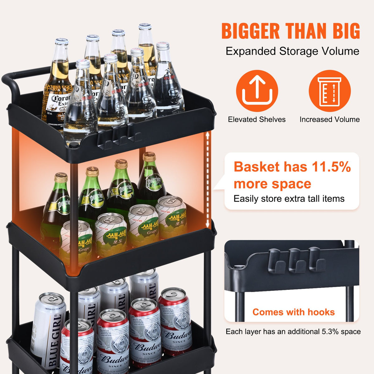 VEVOR 4-Tier Kitchen Rolling Cart Basket Utility Cart on Wheel with Handle Black