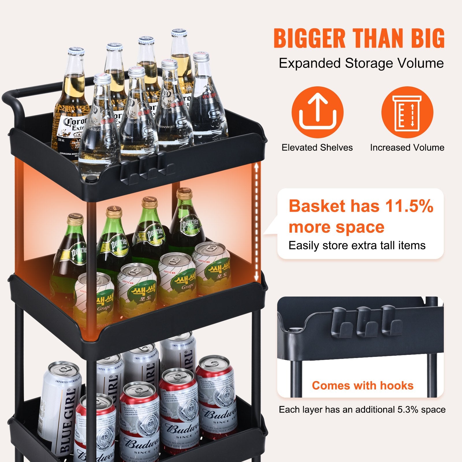 VEVOR 4-Tier Kitchen Rolling Cart Basket Utility Cart on Wheel with Handle Black