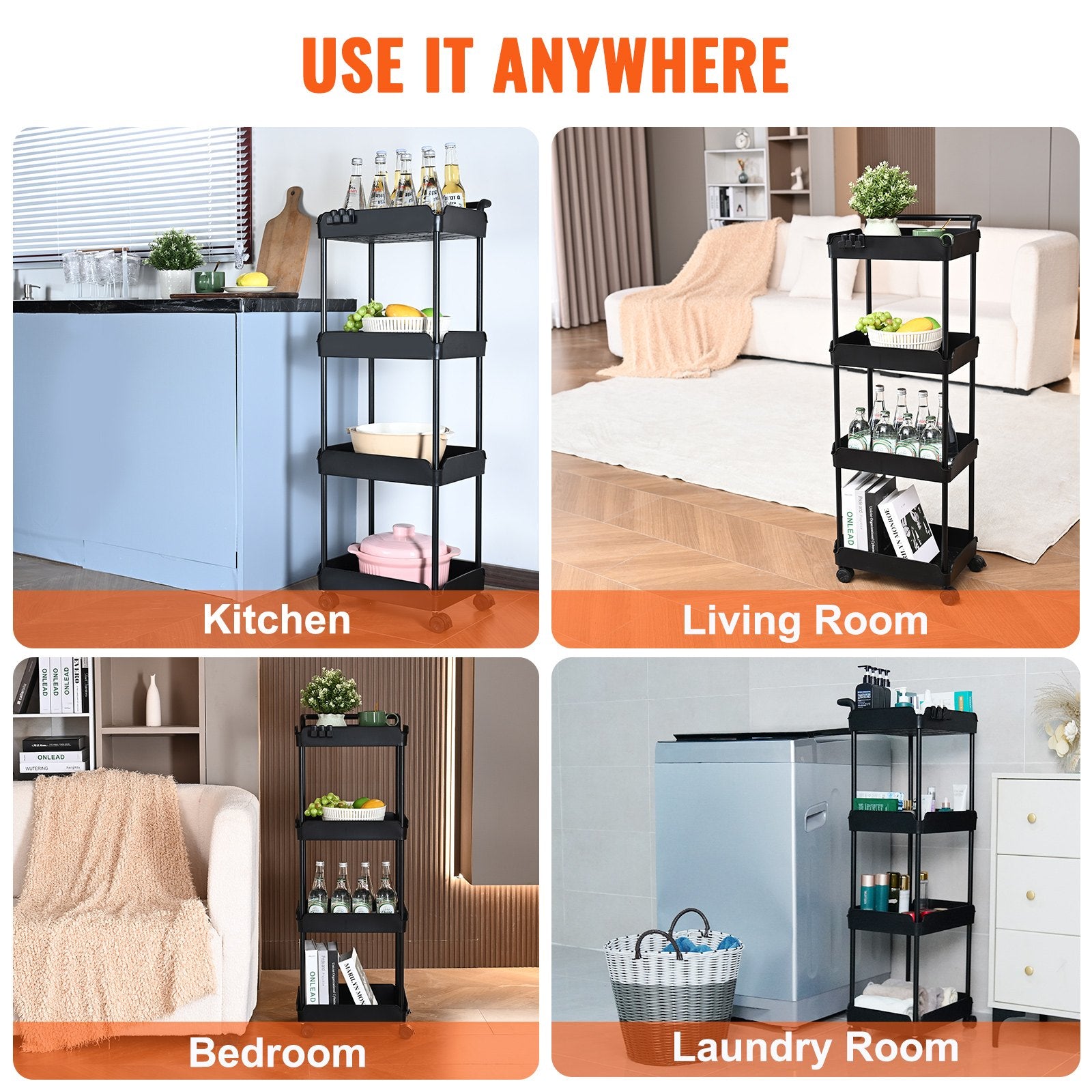 VEVOR 4-Tier Kitchen Rolling Cart Basket Utility Cart on Wheel with Handle Black