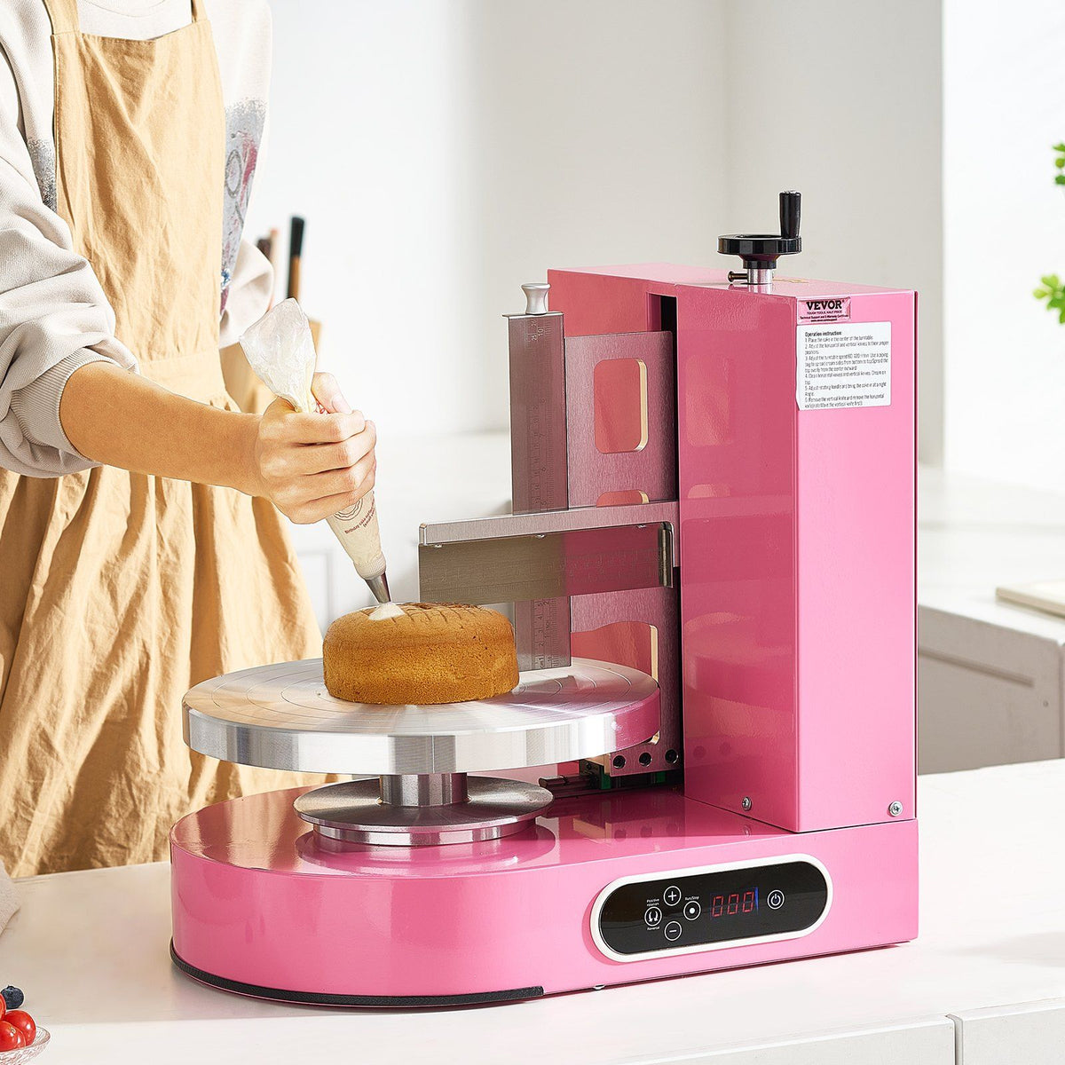 Cake Decorating Machine, Cake Cream Spreading Coating Smearing Machine, Low Noise Cake Frosting Machine, Turntable with Adjustable Scraper, for 4" to 12" Cake, 25-320RPM Rotating Speed, Pink