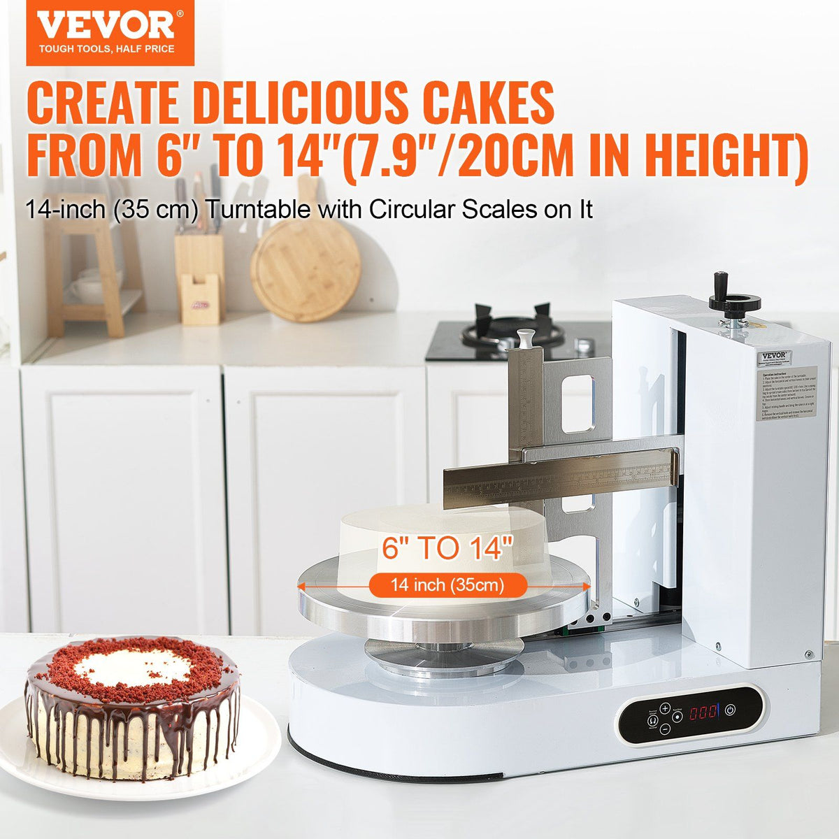 Cake Decorating Machine, Cake Cream Spreading Coating Smearing Machine, Low Noise Cake Frosting Machine, Turntable with Adjustable Scraper, for 6" to 14" Cake, 25-320RPM Rotating Speed, White