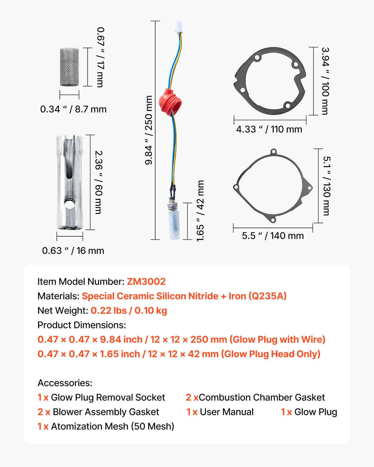 VEVOR 8V Glow Plug Repair Kit, Glow Plug Heater Repair Parking Heater Maintenance Kit with Atomization Mesh, Compatible with 2KW 5KW 8KW Diesel Air Heaters Models, Diesel Heaters Parts for Car Truck