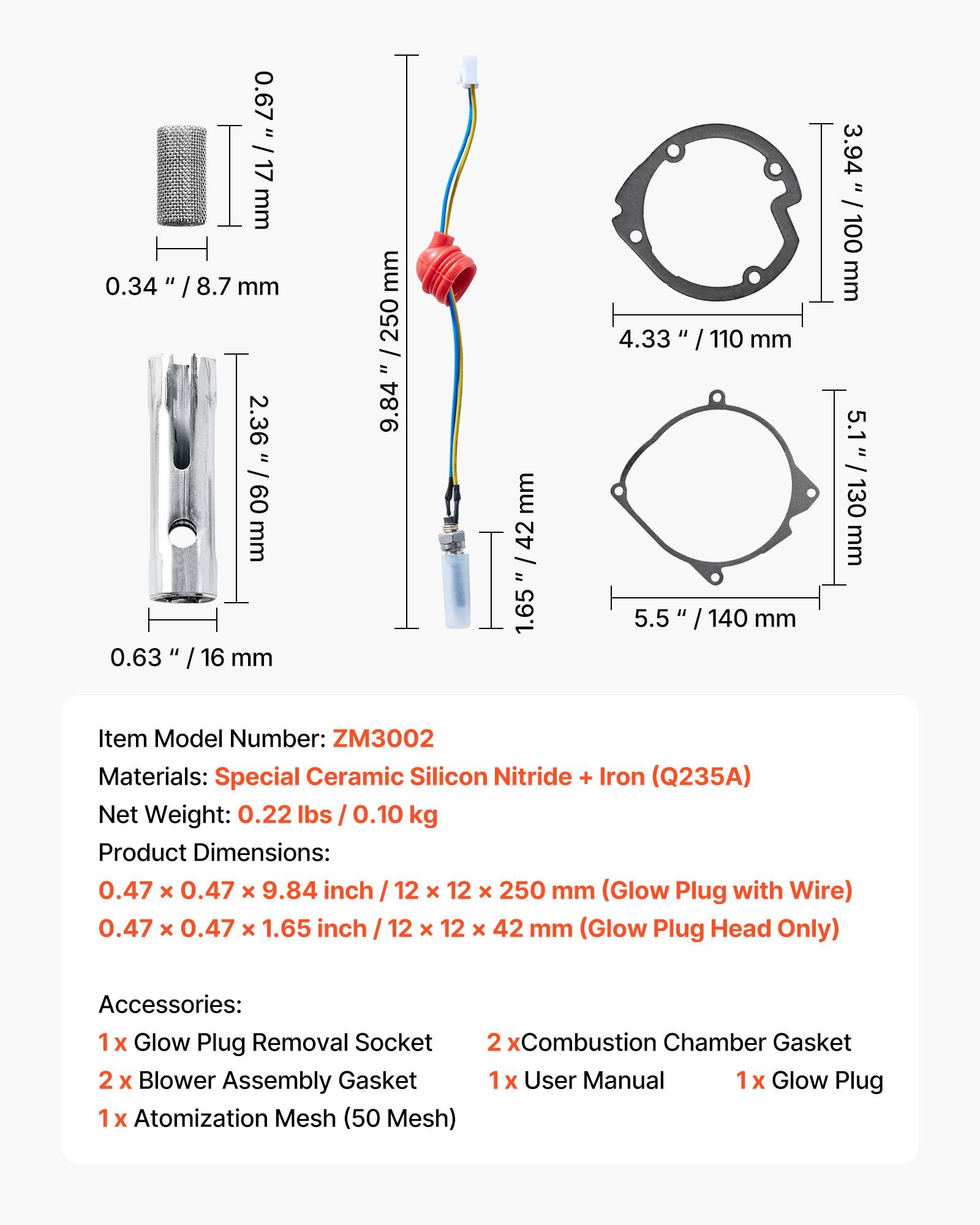 VEVOR 8V Glow Plug Repair Kit, Glow Plug Heater Repair Parking Heater Maintenance Kit with Atomization Mesh, Compatible with 2KW 5KW 8KW Diesel Air Heaters Models, Diesel Heaters Parts for Car Truck