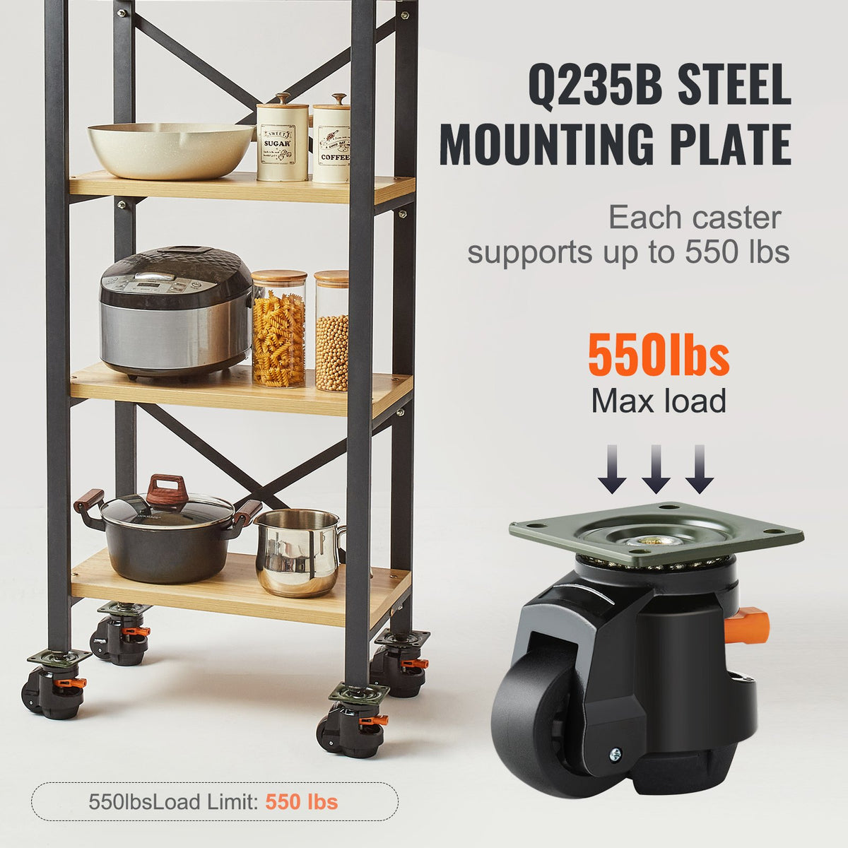 VEVOR Leveling Casters, Set of 4, 1000 kg Total Load Capacity, 63.5 mm, Heavy Duty with Upgraded Handle Design, 360 Degree Swivel Caster Wheels, Adjustable Casters with Feet for Workbench, Machine