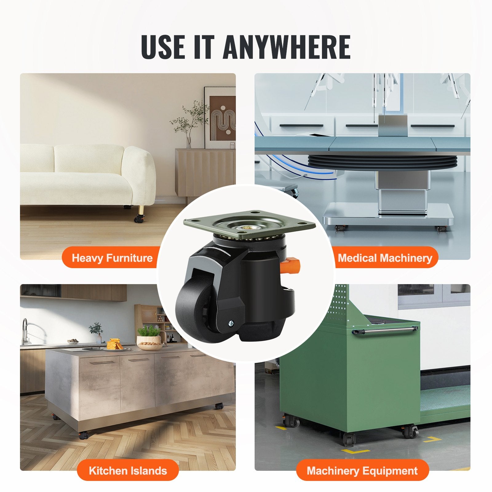 VEVOR Leveling Casters, Set of 4, 1000 kg Total Load Capacity, 63.5 mm, Heavy Duty with Upgraded Handle Design, 360 Degree Swivel Caster Wheels, Adjustable Casters with Feet for Workbench, Machine