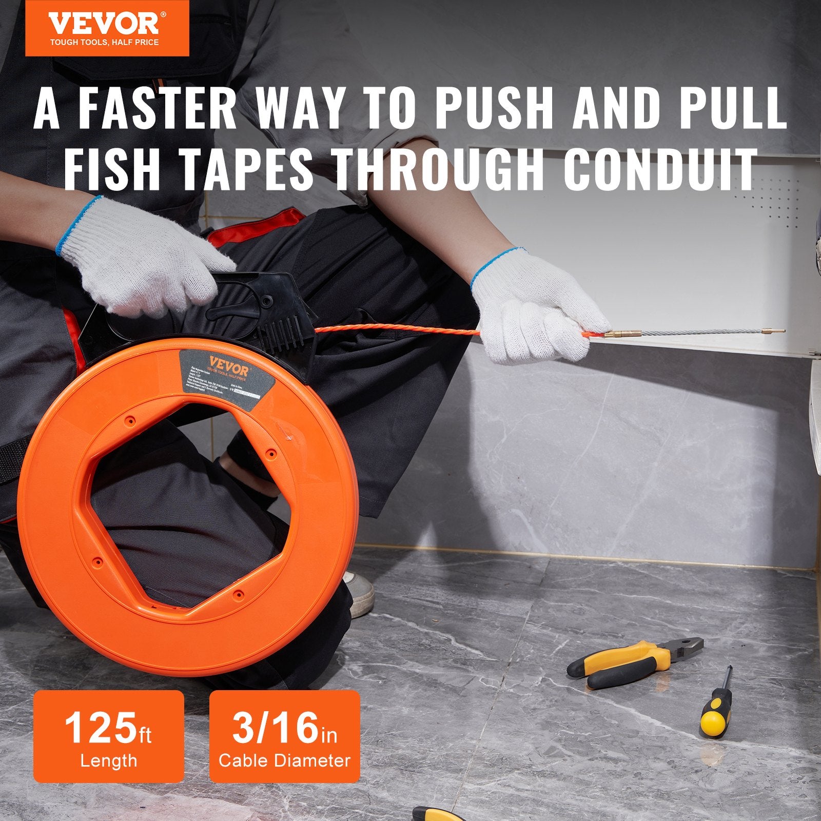 VEVOR Fish Tape, 38.1 m Length, 4.5 mm, PET Wire Puller with Optimized Housing and Handle, Easy-to-Use Cable Puller Tool, Flexible Wire Fishing Tools for Walls and Electrical Conduit, Non-Conductive
