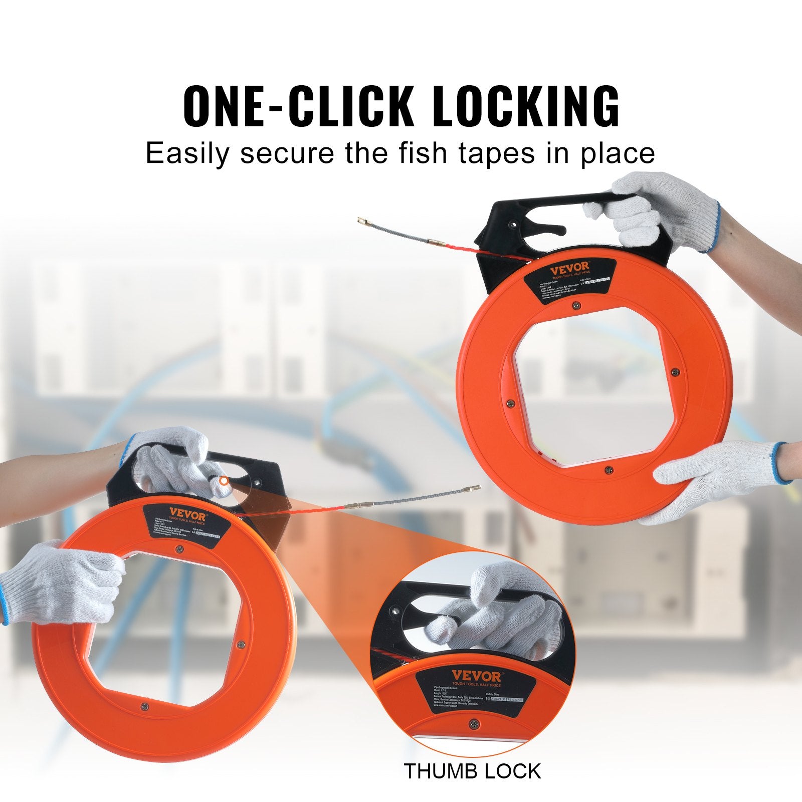 VEVOR Fish Tape, 38.1 m Length, 4.5 mm, PET Wire Puller with Optimized Housing and Handle, Easy-to-Use Cable Puller Tool, Flexible Wire Fishing Tools for Walls and Electrical Conduit, Non-Conductive