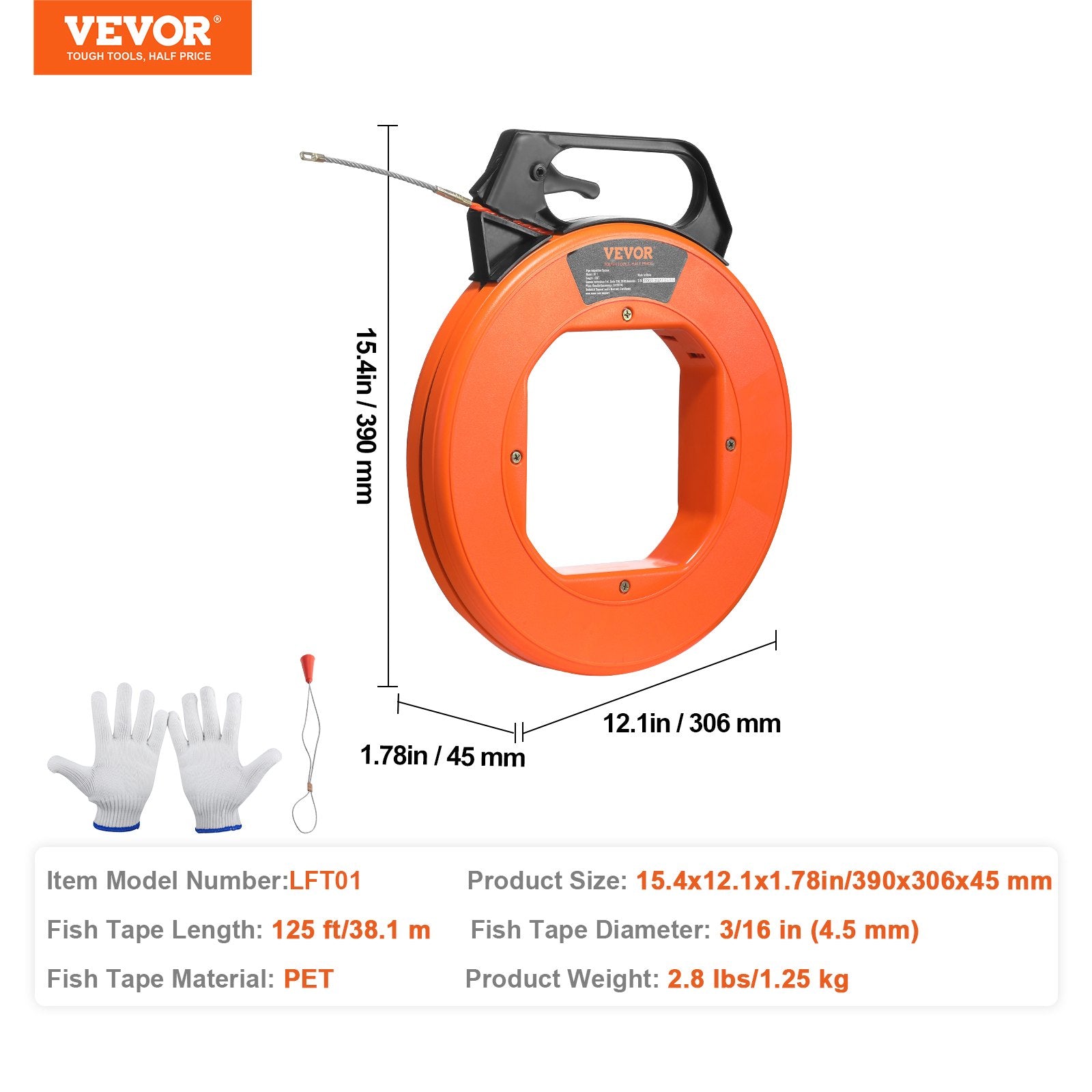 VEVOR Fish Tape, 38.1 m Length, 4.5 mm, PET Wire Puller with Optimized Housing and Handle, Easy-to-Use Cable Puller Tool, Flexible Wire Fishing Tools for Walls and Electrical Conduit, Non-Conductive