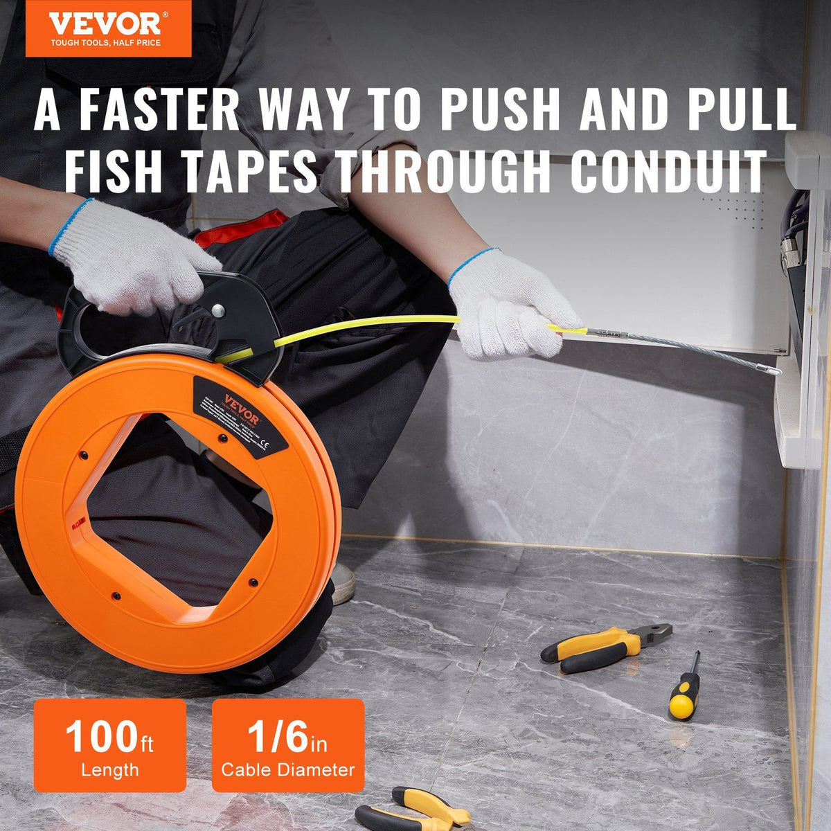 Fish Tape, 30.5 m, 4.2 mm, Fiberglass Wire Puller with Optimized Housing and Handle, Easy-to-Use Cable Puller Tool, Flexible Wire Fishing Tools for Wall and Electrical Conduit, Non-Conductive