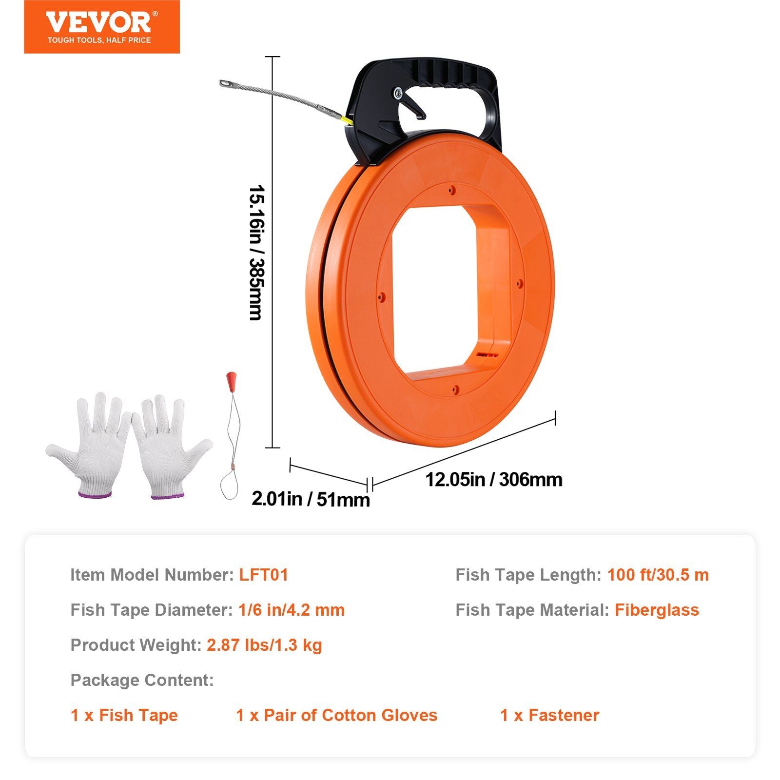 Fish Tape, 30.5 m, 4.2 mm, Fiberglass Wire Puller with Optimized Housing and Handle, Easy-to-Use Cable Puller Tool, Flexible Wire Fishing Tools for Wall and Electrical Conduit, Non-Conductive