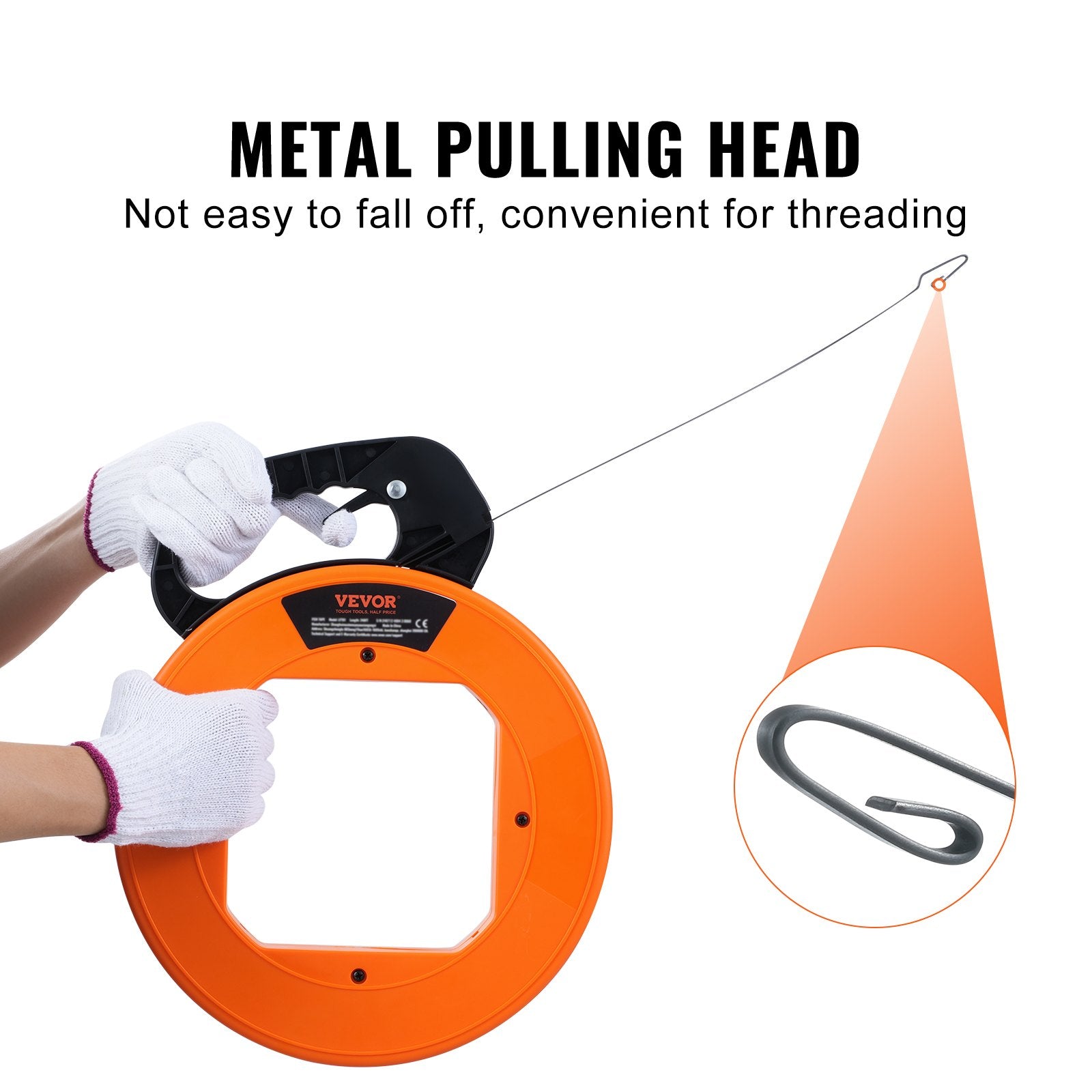 VEVOR Fish Tape, 36.58 m, 3 mm, Steel Wire Puller with Optimized Housing and Handle, Easy-to-Use Cable Puller Tool, Flexible Wire Fishing Tools for Walls and Electrical Conduit, Non-Conductive