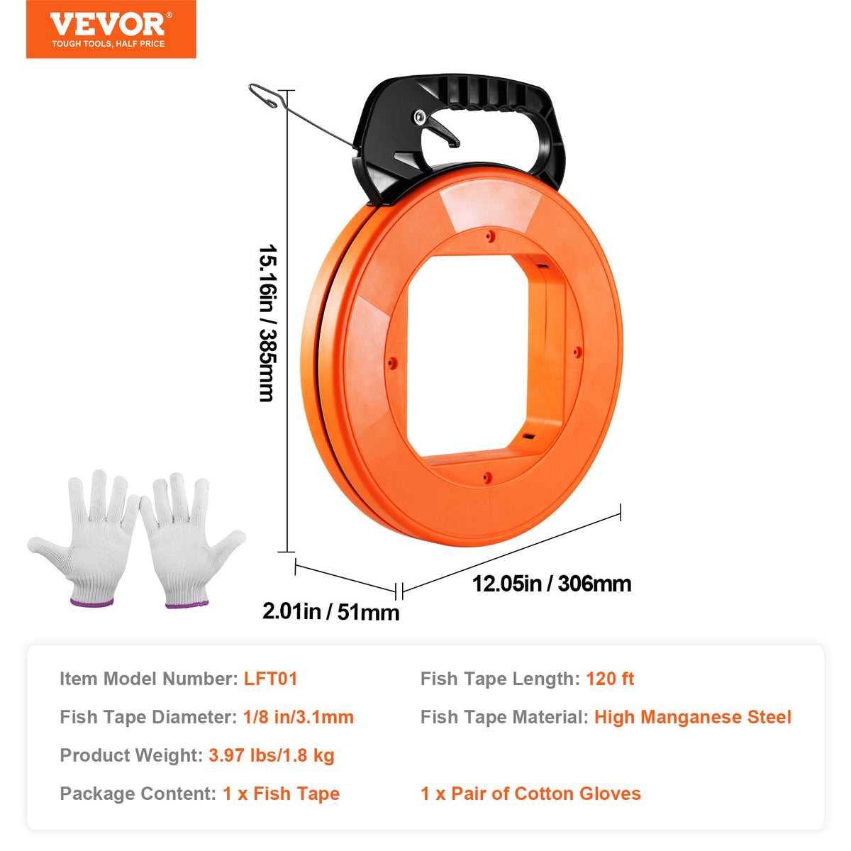 VEVOR Fish Tape, 36.58 m, 3 mm, Steel Wire Puller with Optimized Housing and Handle, Easy-to-Use Cable Puller Tool, Flexible Wire Fishing Tools for Walls and Electrical Conduit, Non-Conductive