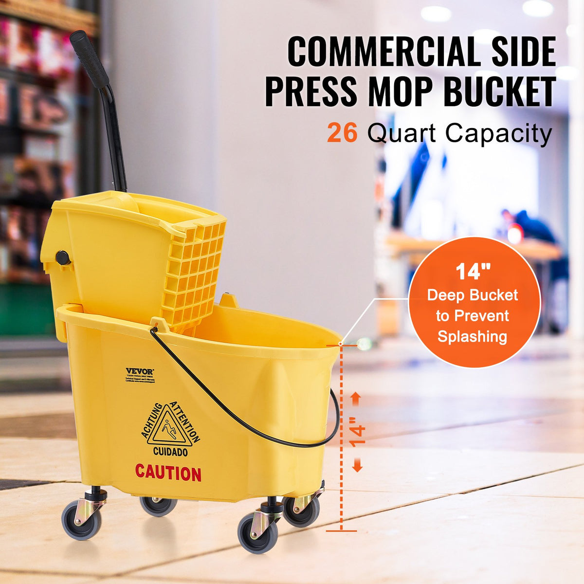 VEVOR Mop Bucket with Wringer, 26 Qt. Commercial Mop Bucket with Side Press Wringer, Side-Press Mop Bucket and Wringer Combo on Wheels, for Professional/Industrial/Business Floor Cleaning, Yellow
