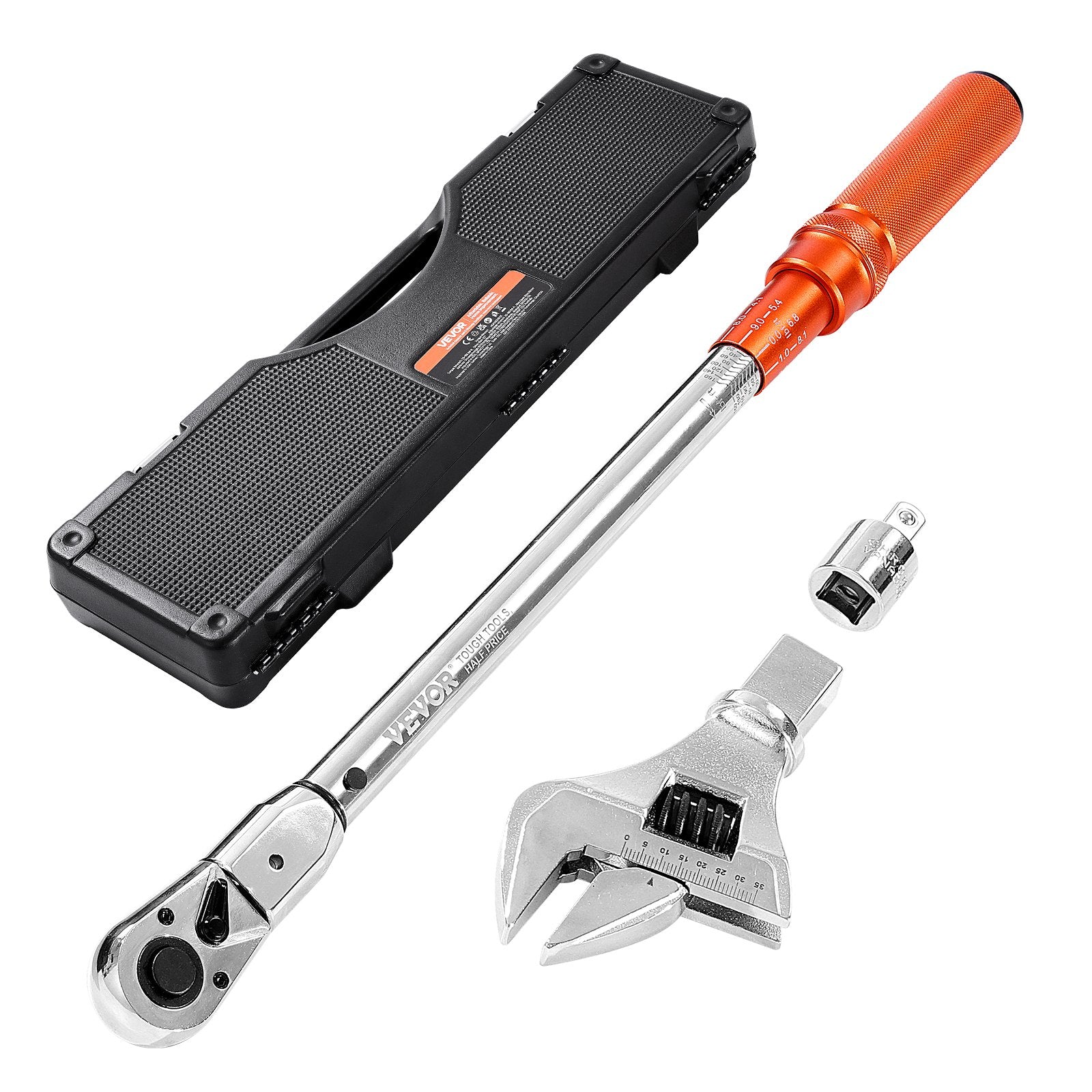 VEVOR Adjustable Click Torque Wrench, 1/2 Inch Drive, 20-160 lbf-ft/27.1-216.8 N.m, Dual-direction and Dual Range Scales, 72-Tooth, ±2% Precision, with Adapter Interchangeable Jaw and Ratchet Head