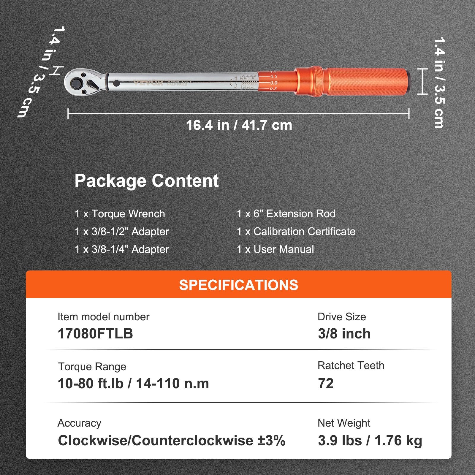 VEVOR Torque Wrench, 3/8-inch Drive Click Torque Wrench 10-80ft.lb/14-110n.m, Dual-Direction Adjustable Torque Wrench Set, Mechanical Dual Range Scales Torque Wrench Kit with Adapters Extension Rod