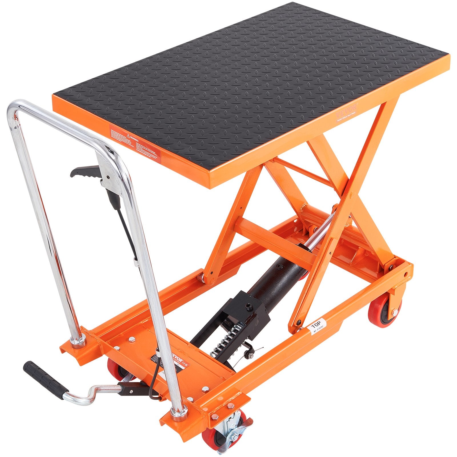 VEVOR Hydraulic Lift Table Cart, 500lbs Capacity 28.5" Lifting Height, Manual Single Scissor Lift Table with 4 Wheels and Non-slip Pad, Hydraulic Scissor Cart for Material Handling, Orange