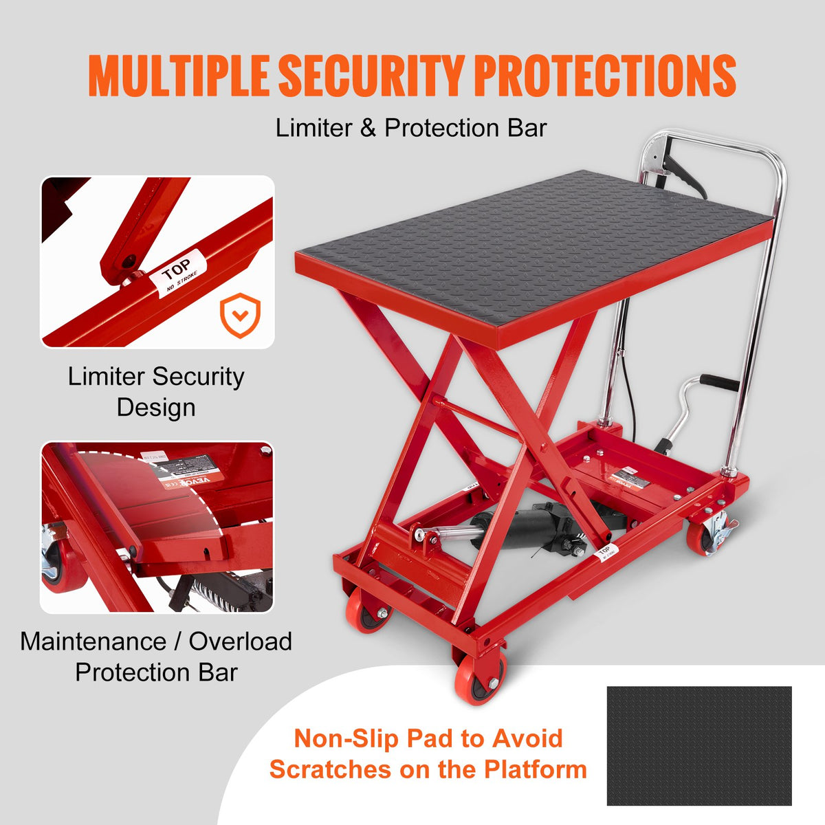 VEVOR Hydraulic Lift Table Cart, 330lbs Capacity 28.5" Lifting Height, Manual Single Scissor Lift Table with 4 Wheels and Non-slip Pad, Hydraulic Scissor Cart for Material Handling, Red