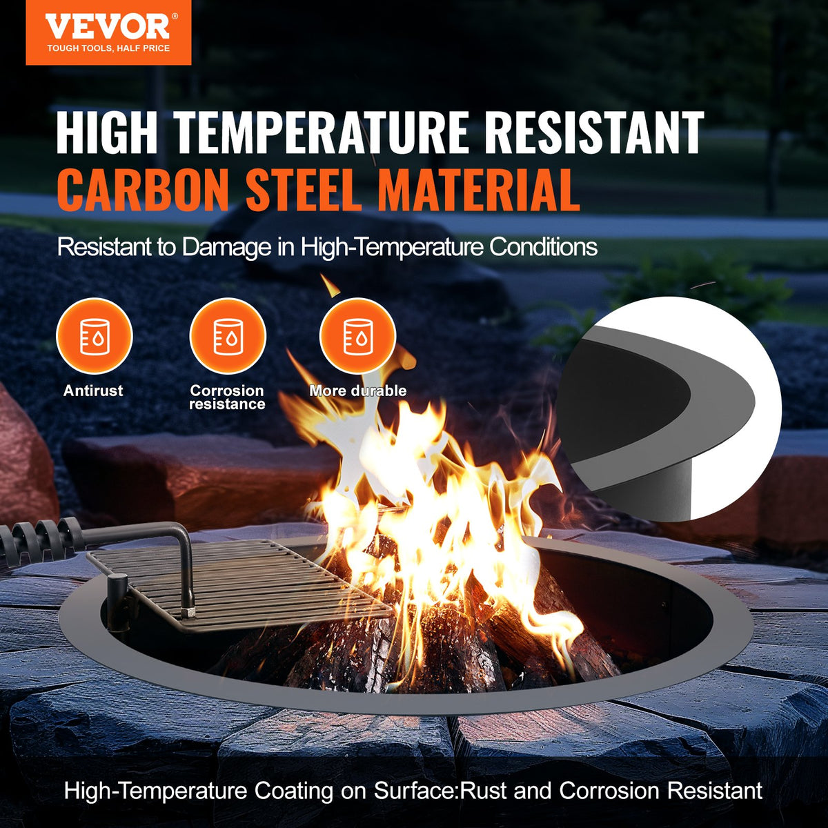 VEVOR Fire Pit Ring, Fire Pit Insert with Barbecue Fire Ring, 35-In Outer/31-In Inner Diameter, 8.5in Height, Carbon Steel Liner DIY Campfire Ring above/In-Ground, for Outdoor Camping, Bonfires