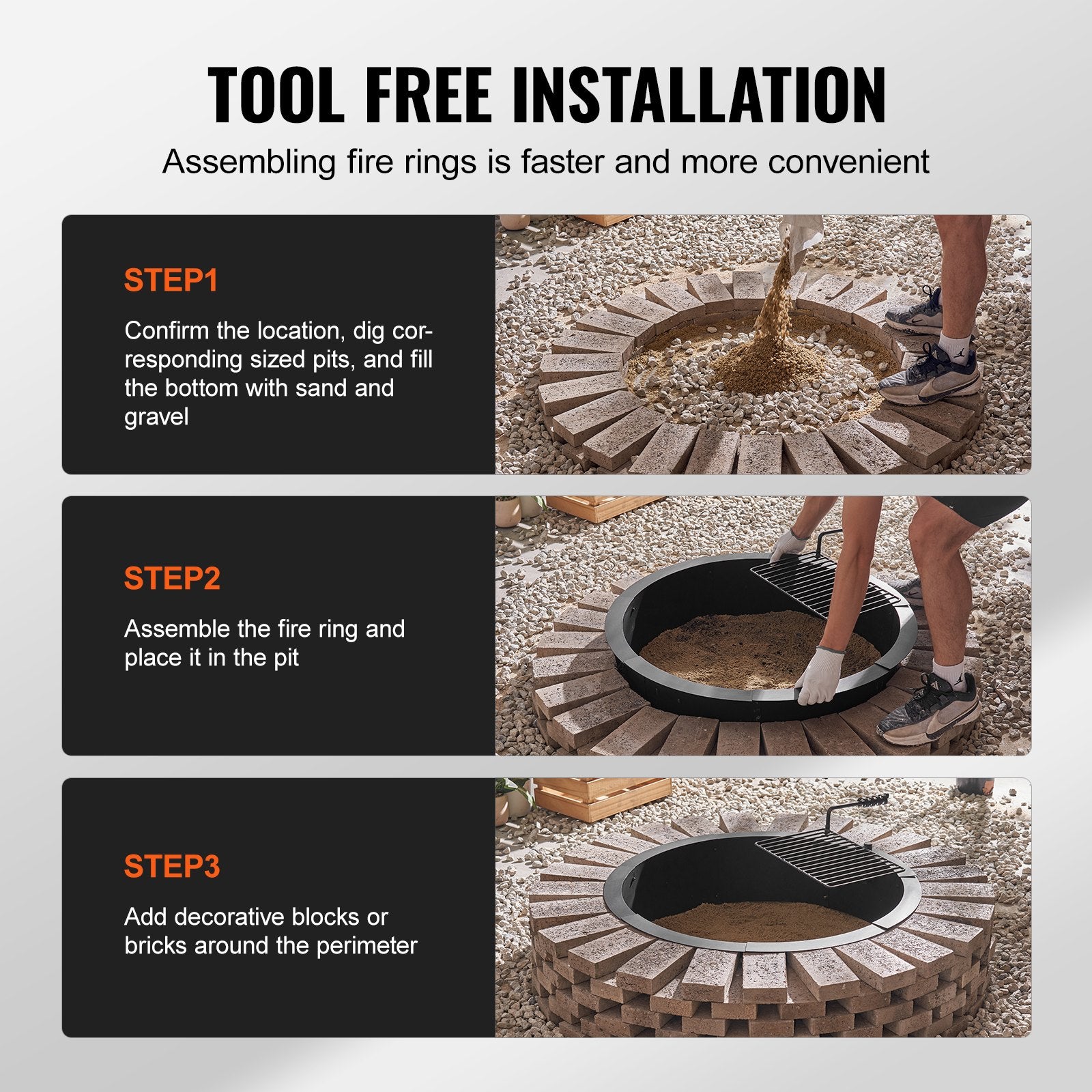 VEVOR Fire Pit Ring, Fire Pit Insert with Barbecue Fire Ring, 35-In Outer/31-In Inner Diameter, 8.5in Height, Carbon Steel Liner DIY Campfire Ring above/In-Ground, for Outdoor Camping, Bonfires