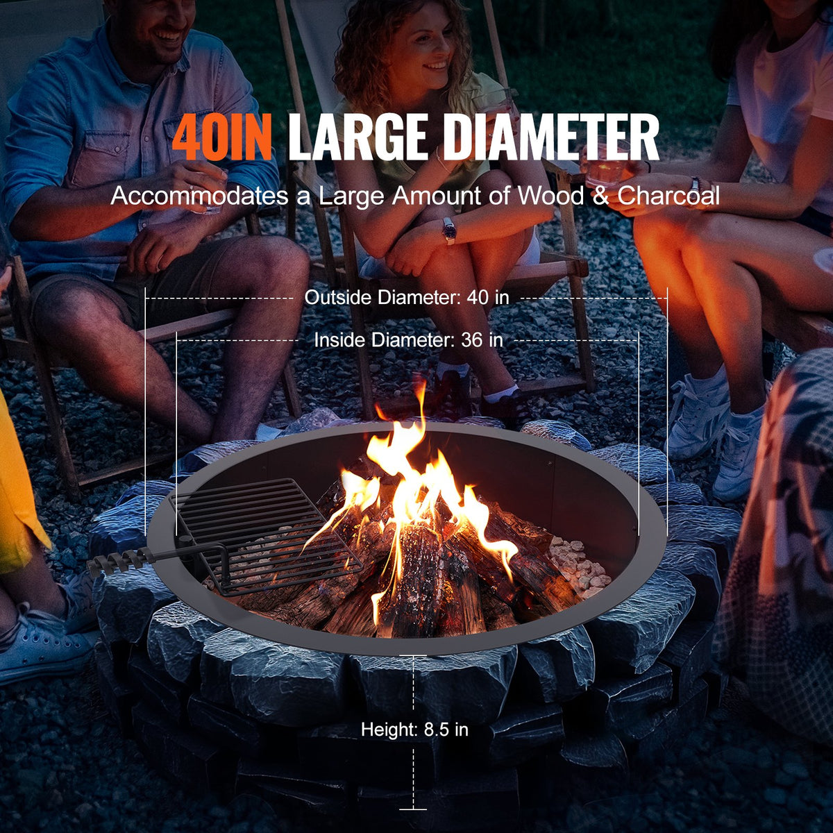 VEVOR Fire Pit Ring, Fire Pit Insert with Barbecue Fire Ring, 40-In Outer/36-In Inner Diameter, 8.5in Height, Carbon Steel Liner DIY Campfire Ring above/In-Ground, for Outdoor Camping, Bonfires