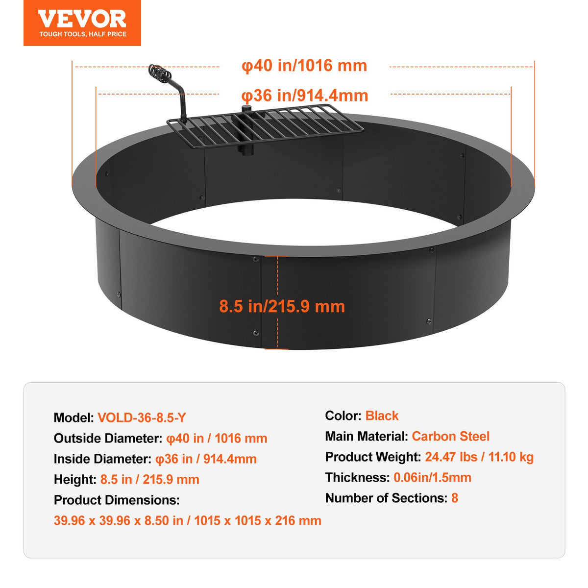 VEVOR Fire Pit Ring, Fire Pit Insert with Barbecue Fire Ring, 40-In Outer/36-In Inner Diameter, 8.5in Height, Carbon Steel Liner DIY Campfire Ring above/In-Ground, for Outdoor Camping, Bonfires