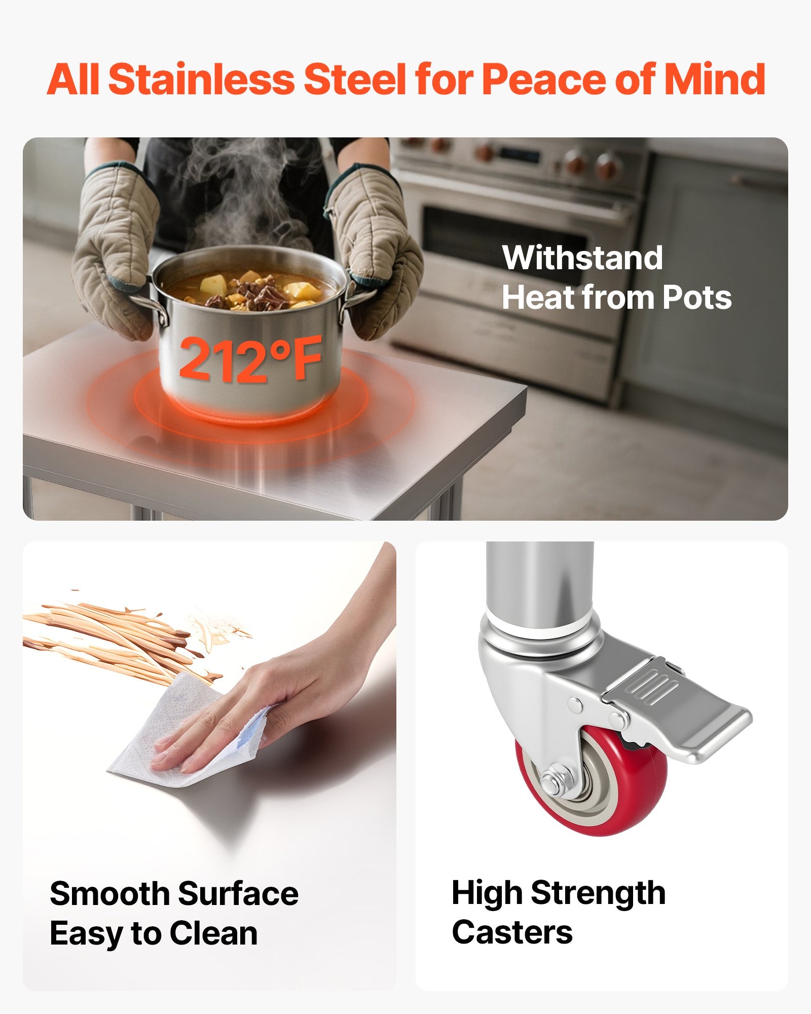 VEVOR Stainless Steel Table, 61 x 45 cm Food Prep Worktable with Wheels, Kitchen Prep Table with Adjustable Undershelf Workstations for Commercial Kitchen, Restaurant, Hotel and Garage, Outdoor