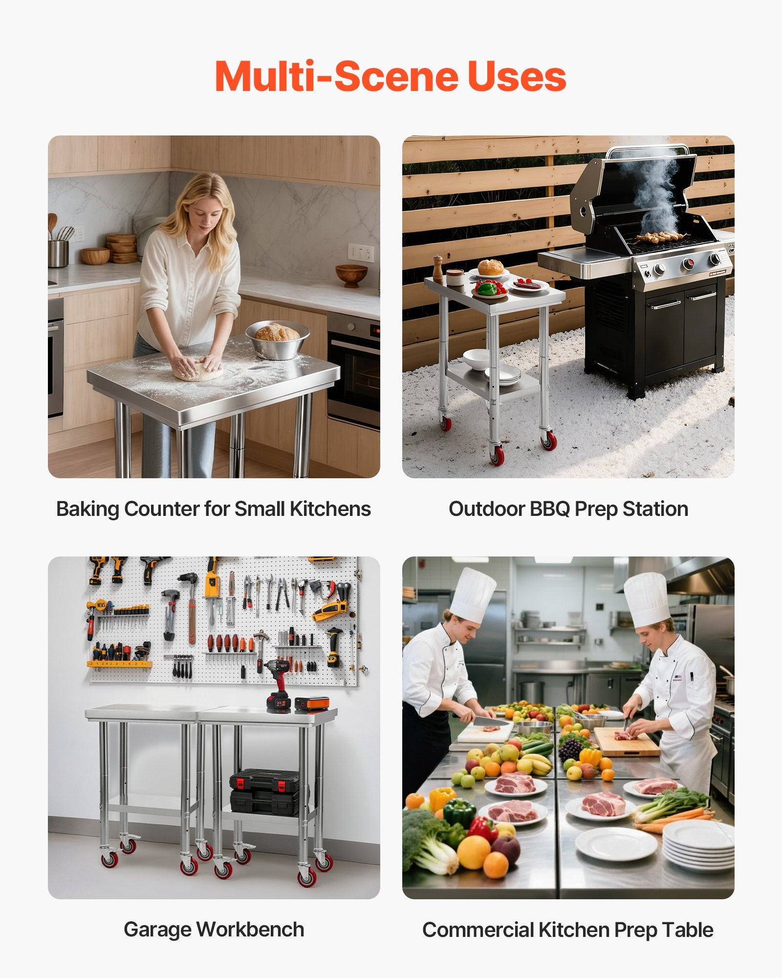 VEVOR Stainless Steel Table, 61 x 45 cm Food Prep Worktable with Wheels, Kitchen Prep Table with Adjustable Undershelf Workstations for Commercial Kitchen, Restaurant, Hotel and Garage, Outdoor