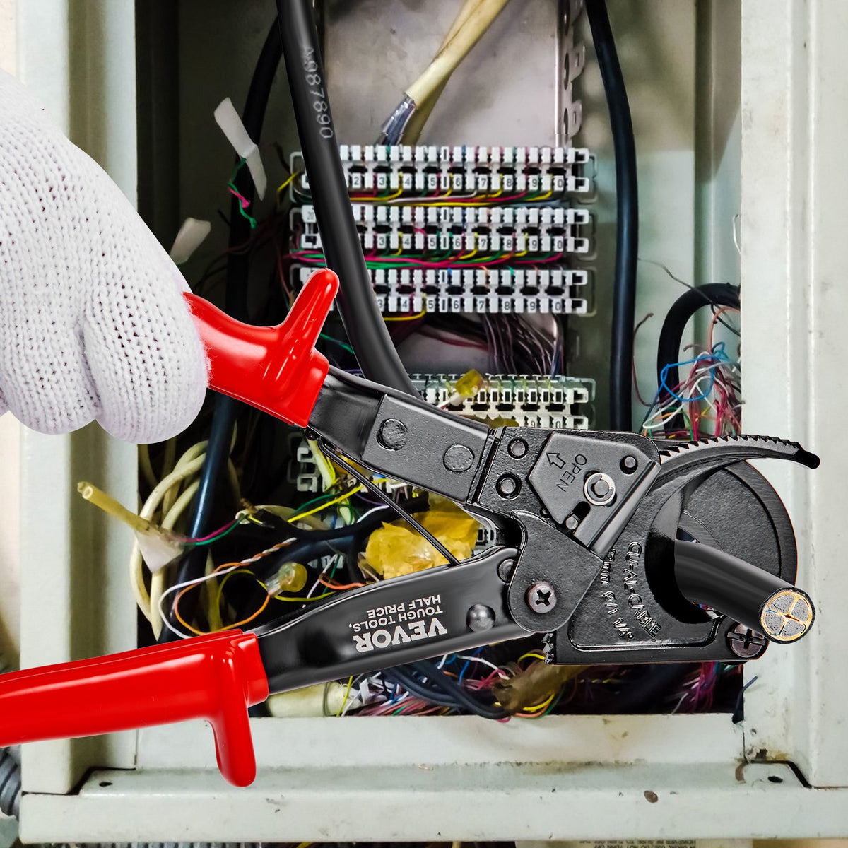 VEVOR Ratcheting Cable Cutter, 250mm Ratchet Wire and Cable Cutter, Cut up to 240 mm², with Comfortable Grip Handles, Easy to Use Quick-Release Lever, Silicon-Manganese Spring Steel Blade