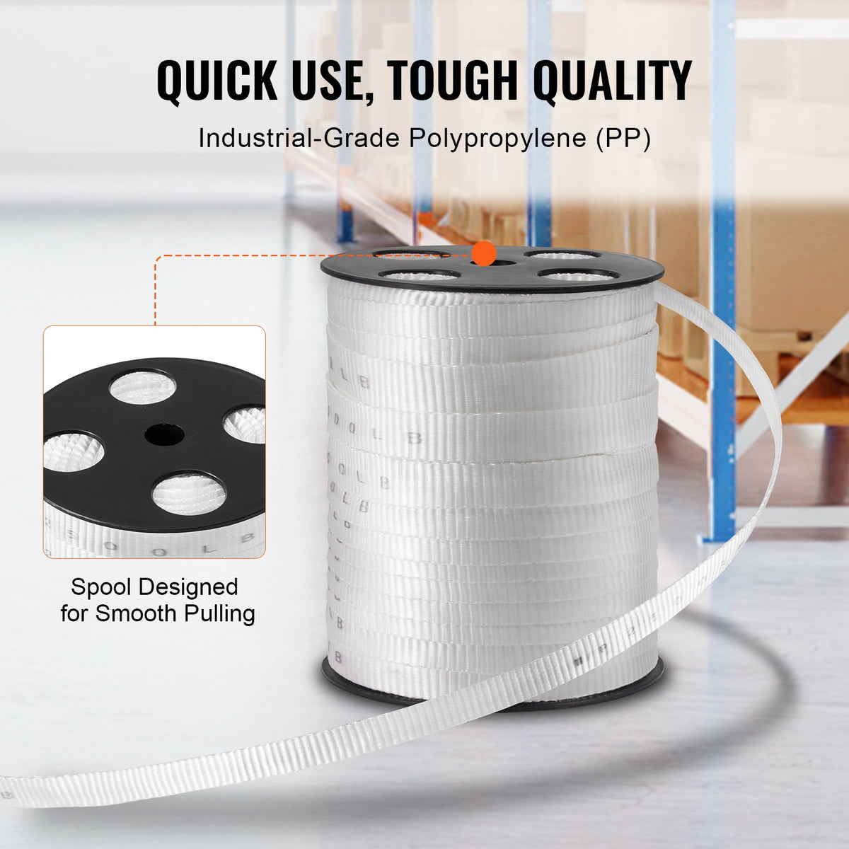 VEVOR Polyester Pull Tape, 1.9 cm x 80.8 m Mule Tape Flat Rope, 1134 kgf Tensile Capacity, Printed Webbing Cable Pulling Tape for Packaging, Gardening, Commercial Electrical, Conduit Work, White