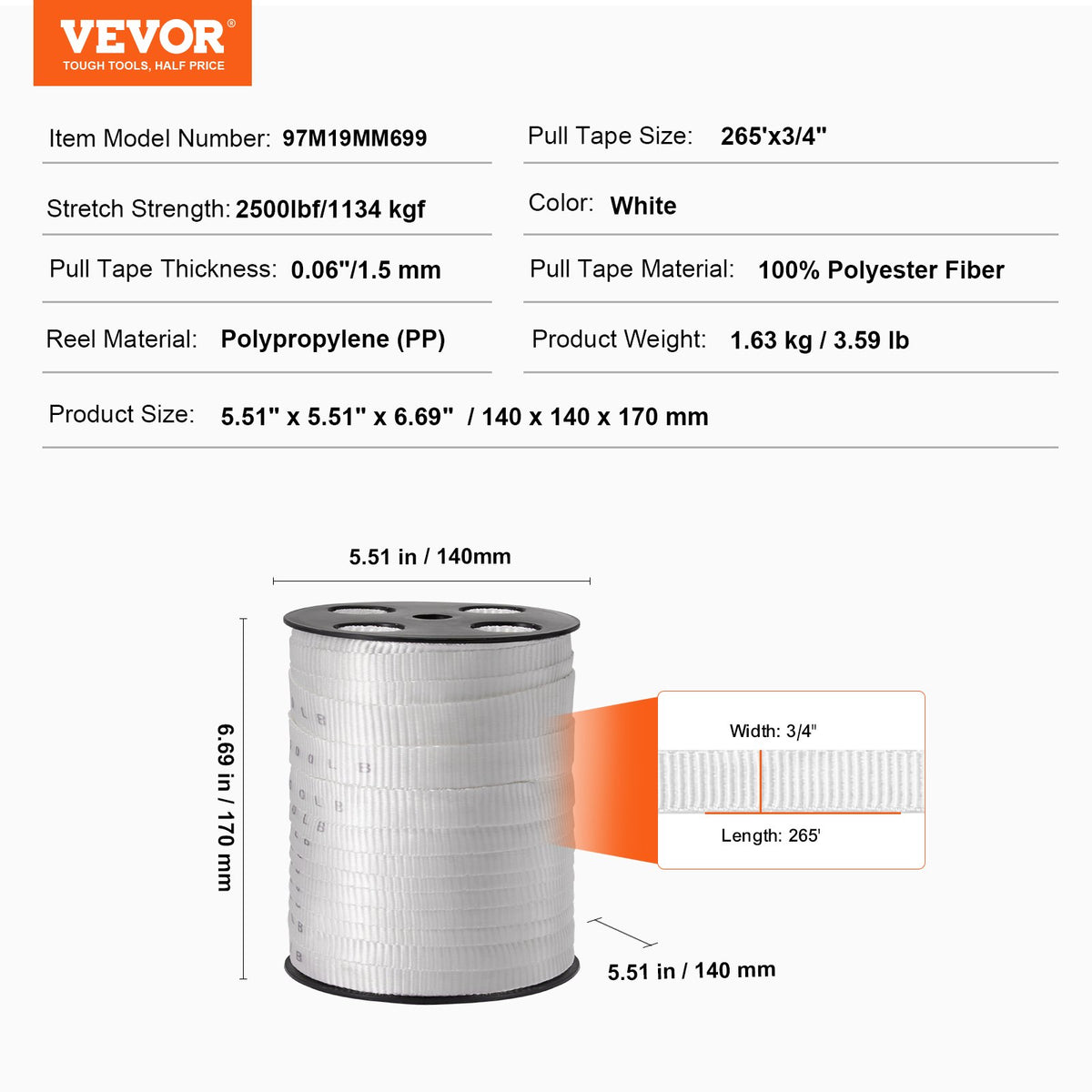 VEVOR Polyester Pull Tape, 1.9 cm x 80.8 m Mule Tape Flat Rope, 1134 kgf Tensile Capacity, Printed Webbing Cable Pulling Tape for Packaging, Gardening, Commercial Electrical, Conduit Work, White