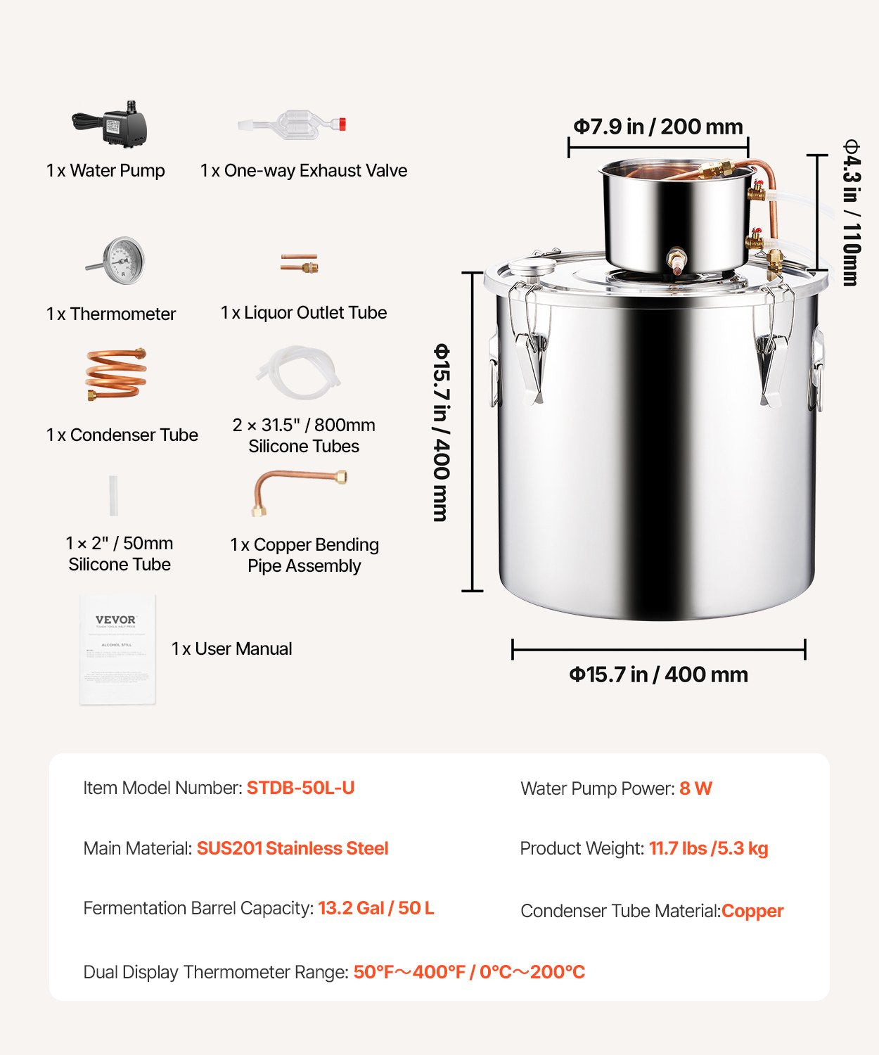 VEVOR Moonshine Still 13 Gal Water Alcohol Distiller Brewing Kit Stainless Steel