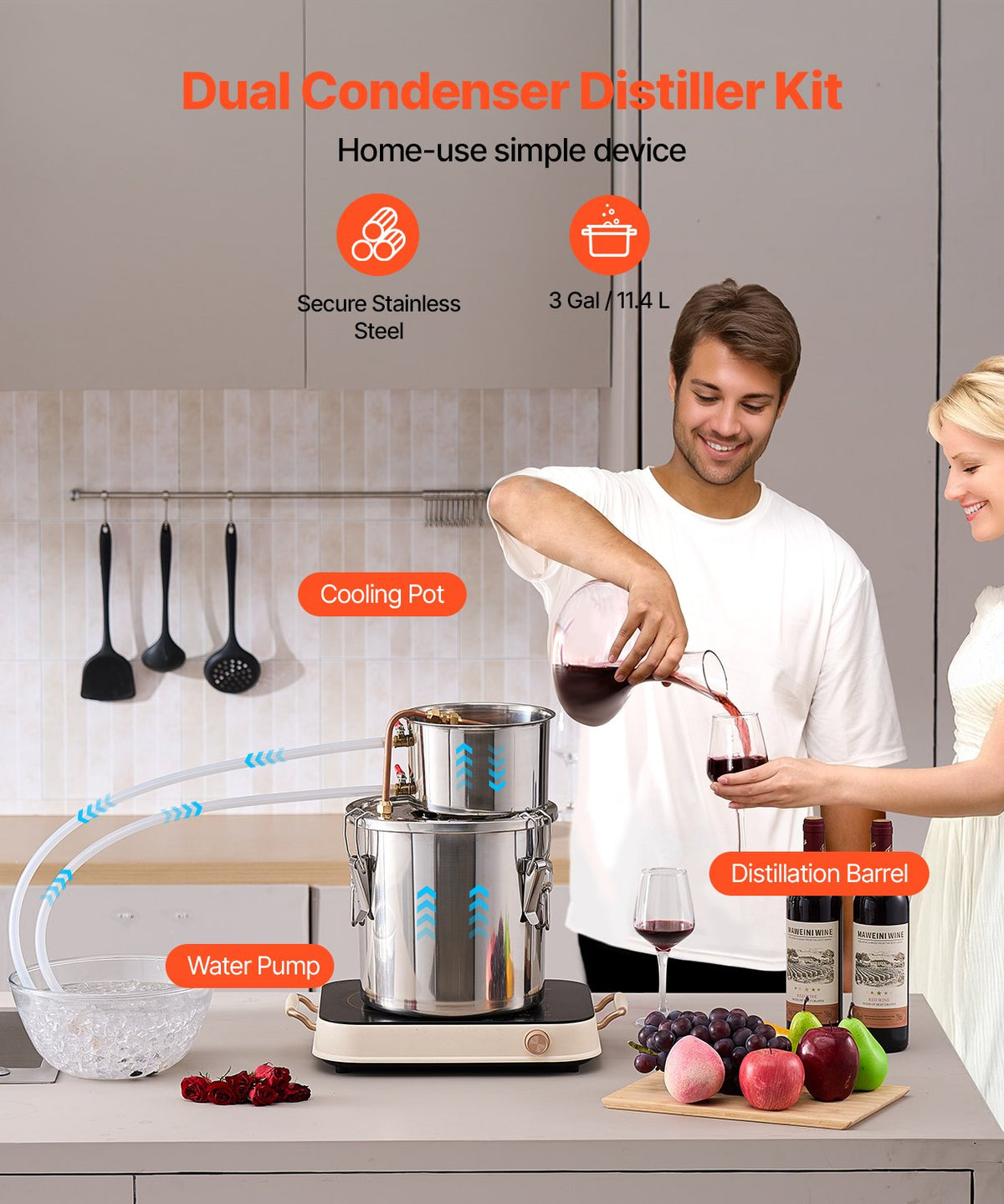 VEVOR Moonshine Still 3 Gal Water Alcohol Distiller Brewing Kit Stainless Steel