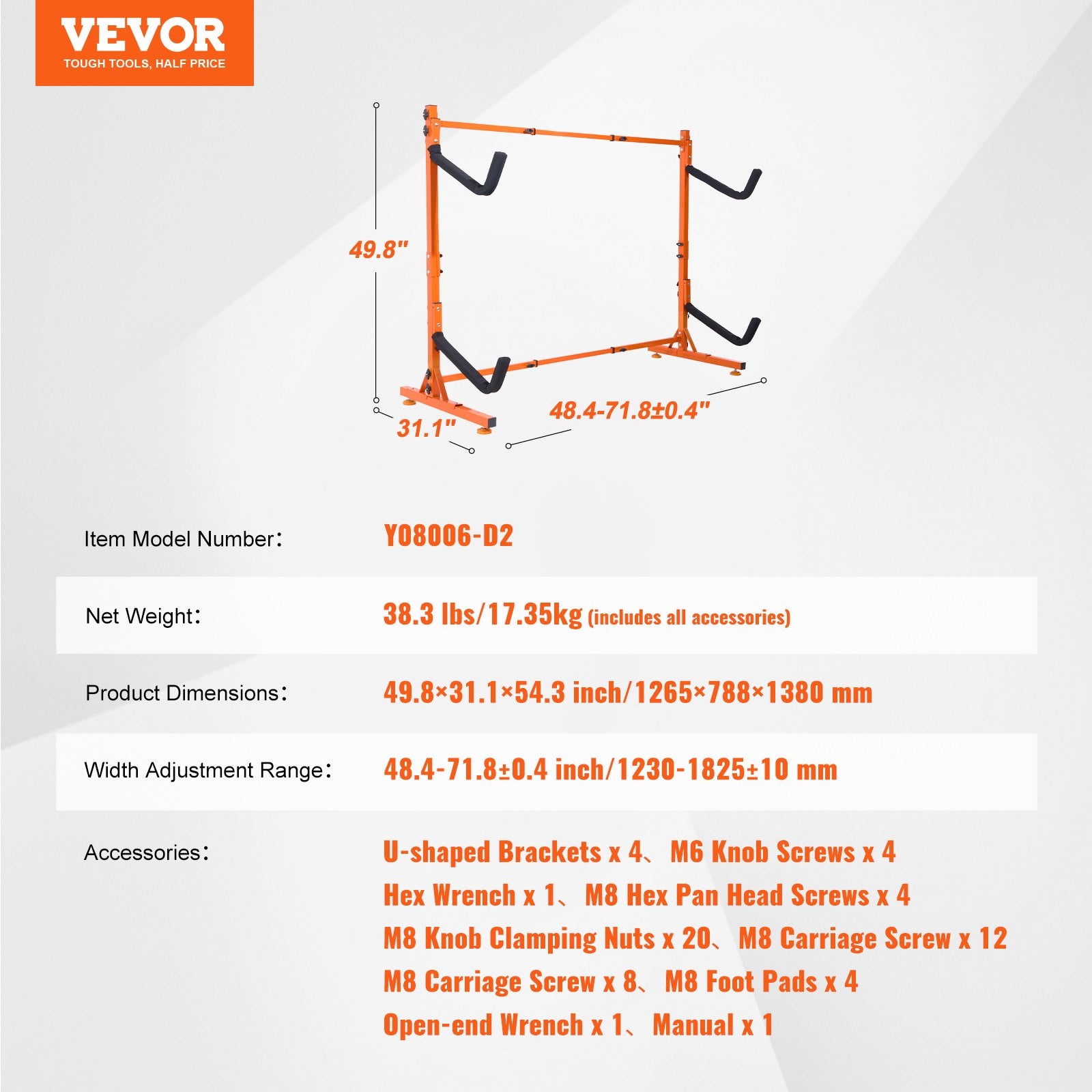 VEVOR Freestanding Kayak Storage Rack, Kayak Stand for 2 Kayak Canoe Paddleboard, Heavy-duty Steel Kayak Hanger Holder with Padded Arms and Adjustable Width, 79.5kg Max Load, for Indoor Outdoor Garage