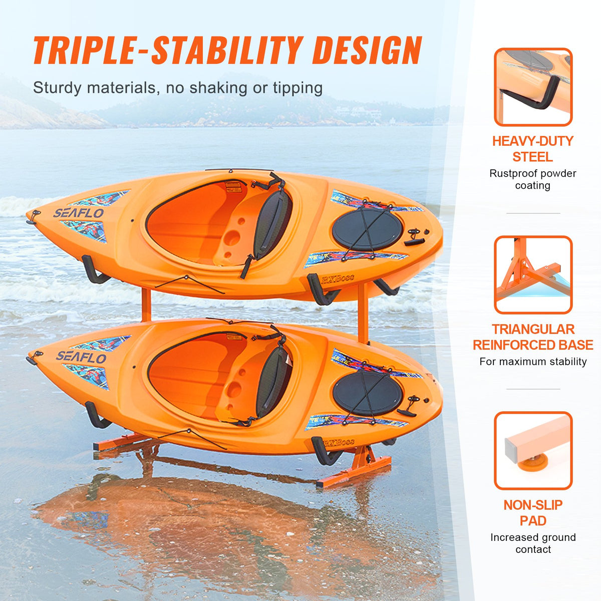 VEVOR Freestanding Kayak Storage Rack, Kayak Stand for 4 Kayak Canoe Paddleboard, Heavy-duty Steel Kayak Hanger Holder with Padded Arms and Adjustable Width, 100 kg Max Load, for Indoor Outdoor Garage