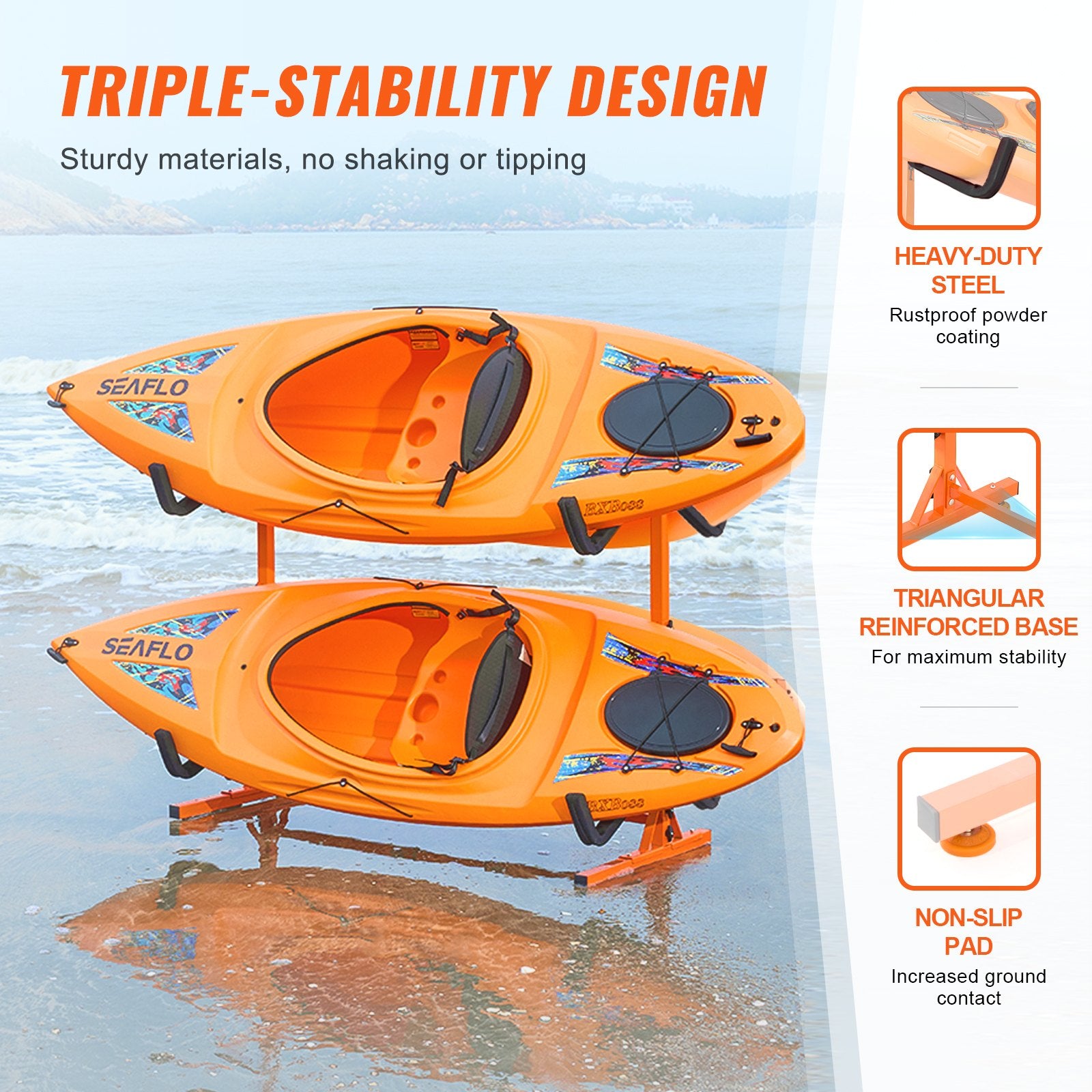 VEVOR Freestanding Kayak Storage Rack, Kayak Stand for 4 Kayak Canoe Paddleboard, Heavy-duty Steel Kayak Hanger Holder with Padded Arms and Adjustable Width, 100 kg Max Load, for Indoor Outdoor Garage