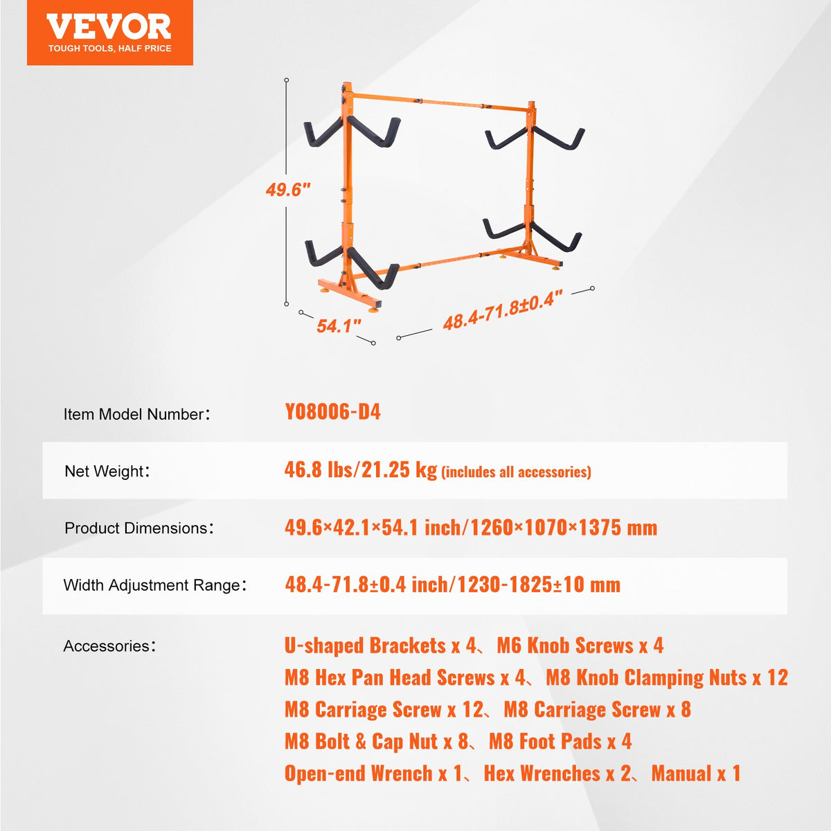 VEVOR Freestanding Kayak Storage Rack, Kayak Stand for 4 Kayak Canoe Paddleboard, Heavy-duty Steel Kayak Hanger Holder with Padded Arms and Adjustable Width, 100 kg Max Load, for Indoor Outdoor Garage