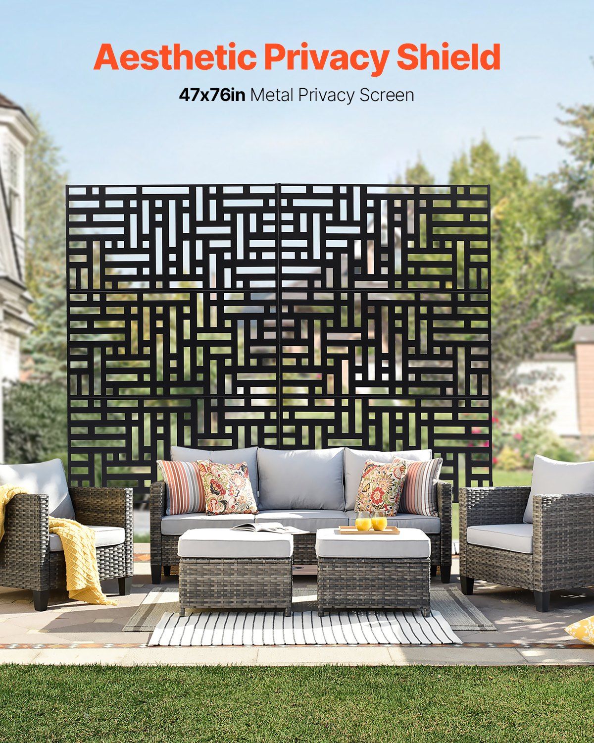 Metal Privacy Screen, 120 x 193cm, Outdoor Privacy Screens 3-Panel, Freestanding Outdoor Divider with Stand, Decorative Garden Steel Privacy Fence for Balcony Patio Indoor Room Hot Tub Black