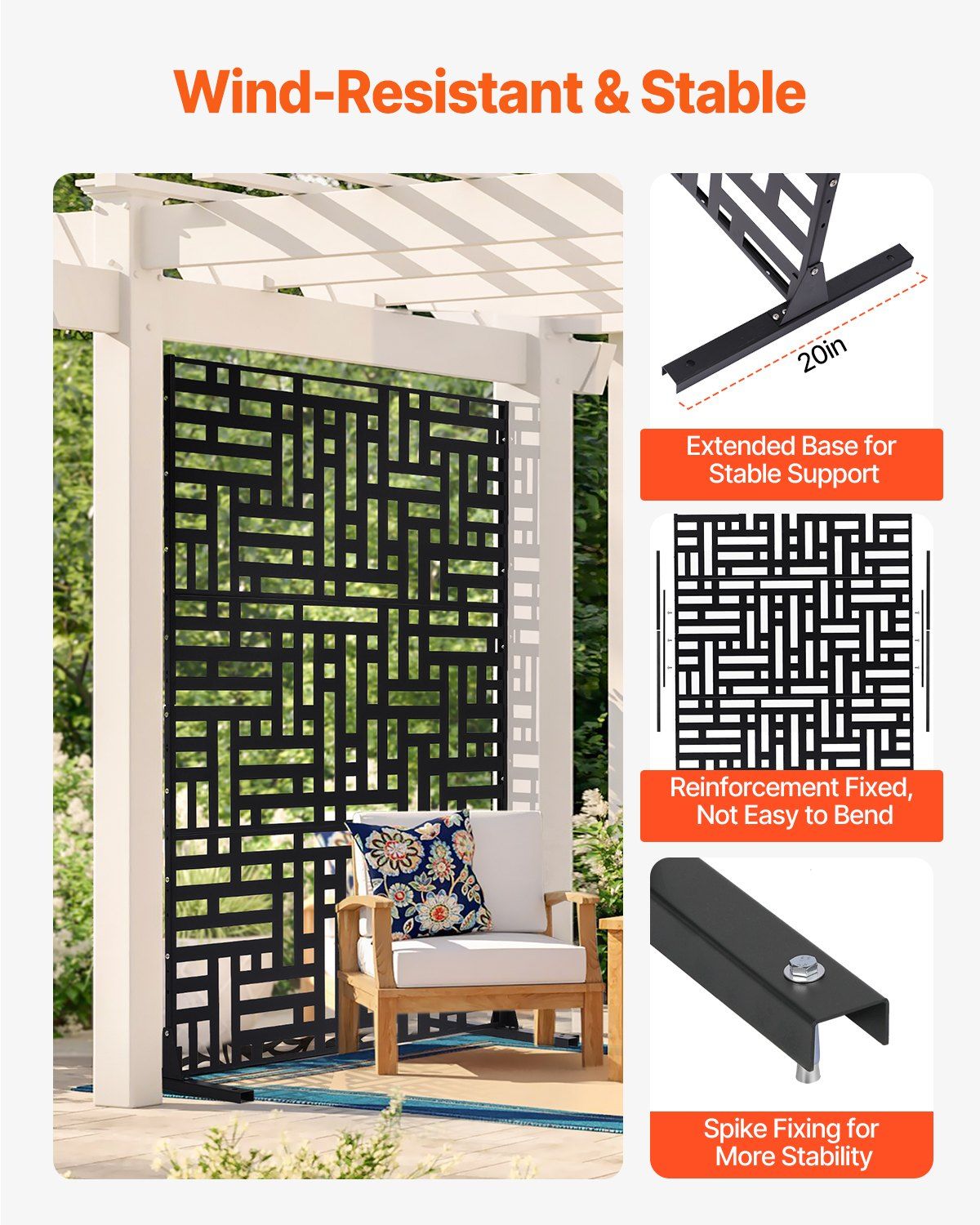 Metal Privacy Screen, 120 x 193cm, Outdoor Privacy Screens 3-Panel, Freestanding Outdoor Divider with Stand, Decorative Garden Steel Privacy Fence for Balcony Patio Indoor Room Hot Tub Black